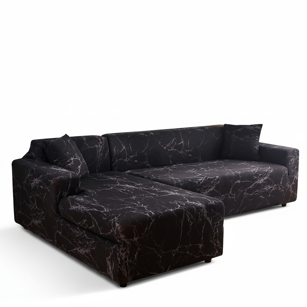 Stretch Sectional Couch Cover – Charcoal Marble Print – product photo on a white background | Brivenzo