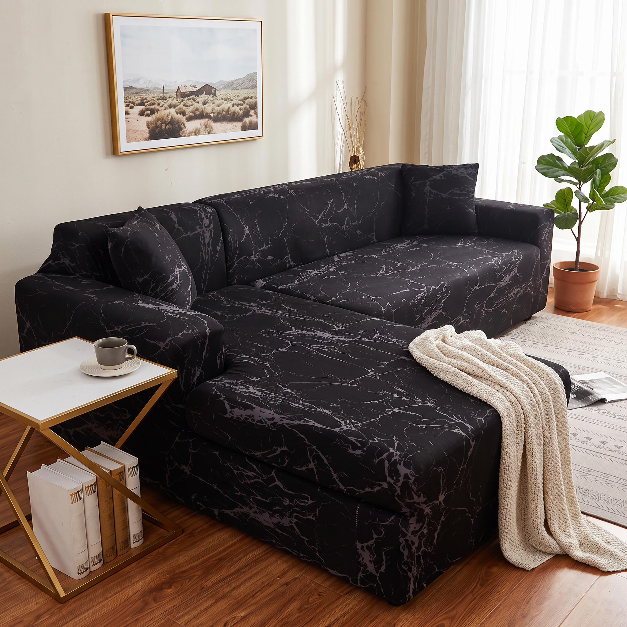 Stretch Sectional Couch Cover – Charcoal Marble Print shown in a styled home interior | Brivenzo