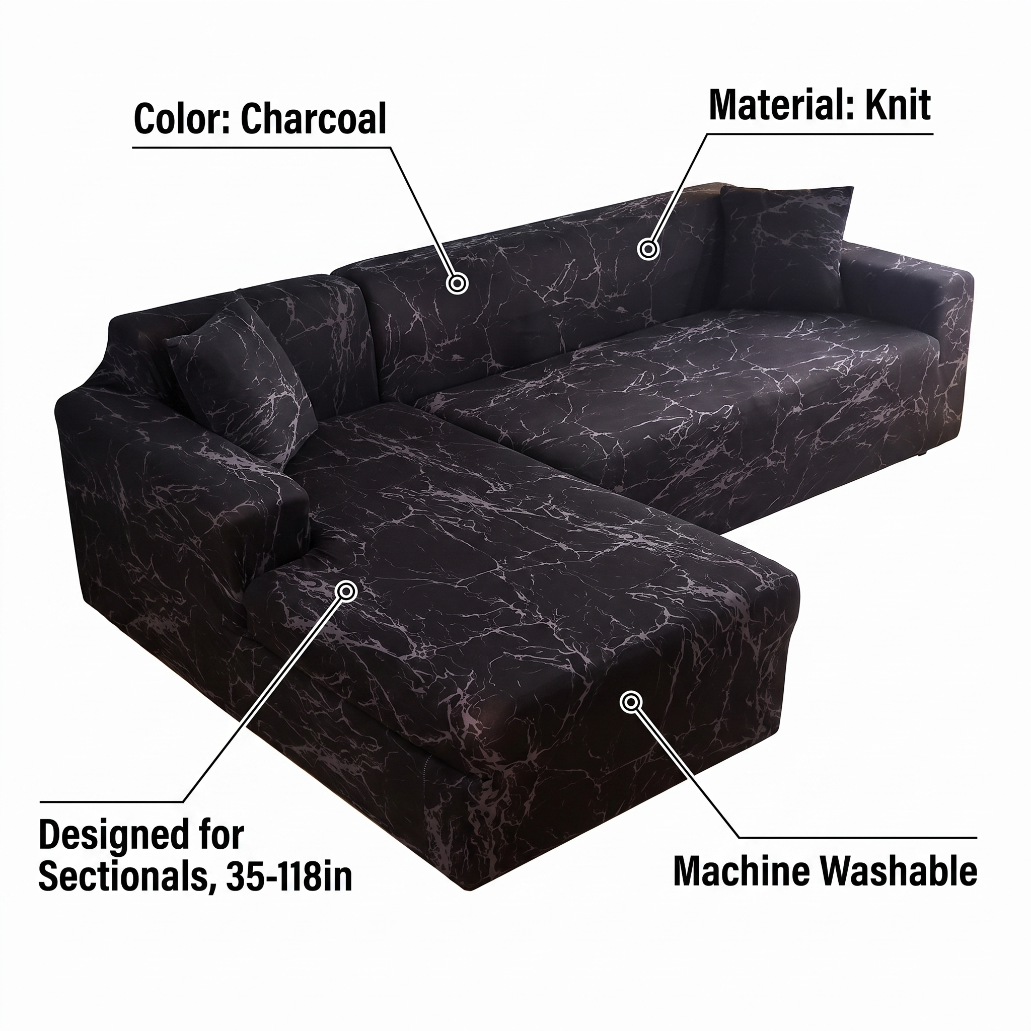 Stretch Sectional Couch Cover – Charcoal Marble Print – features and specifications overview | Brivenzo