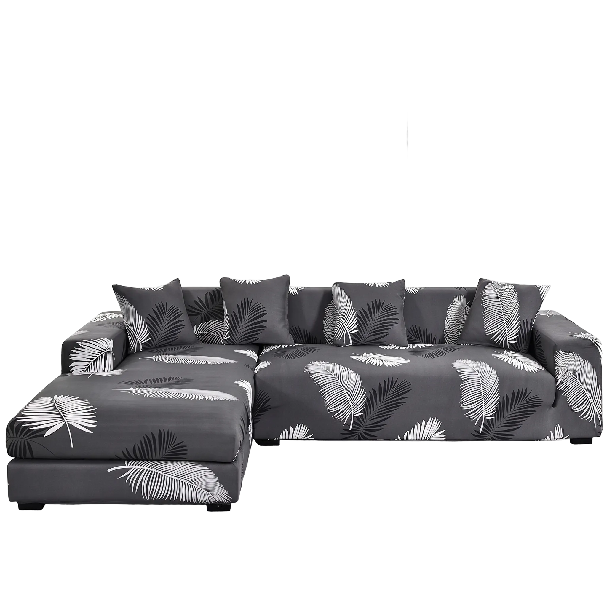 Stretch Sectional Couch Cover – Charcoal White Palm Leaf Print – product photo on a white background | Brivenzo
