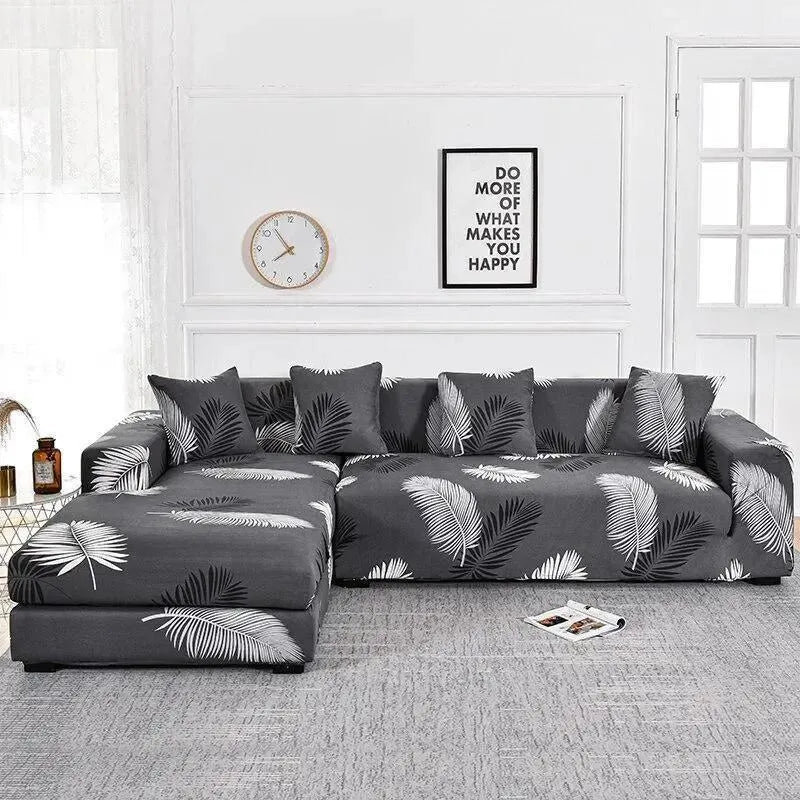 Stretch Sectional Couch Cover – Charcoal White Palm Leaf Print – product view 4 | Brivenzo