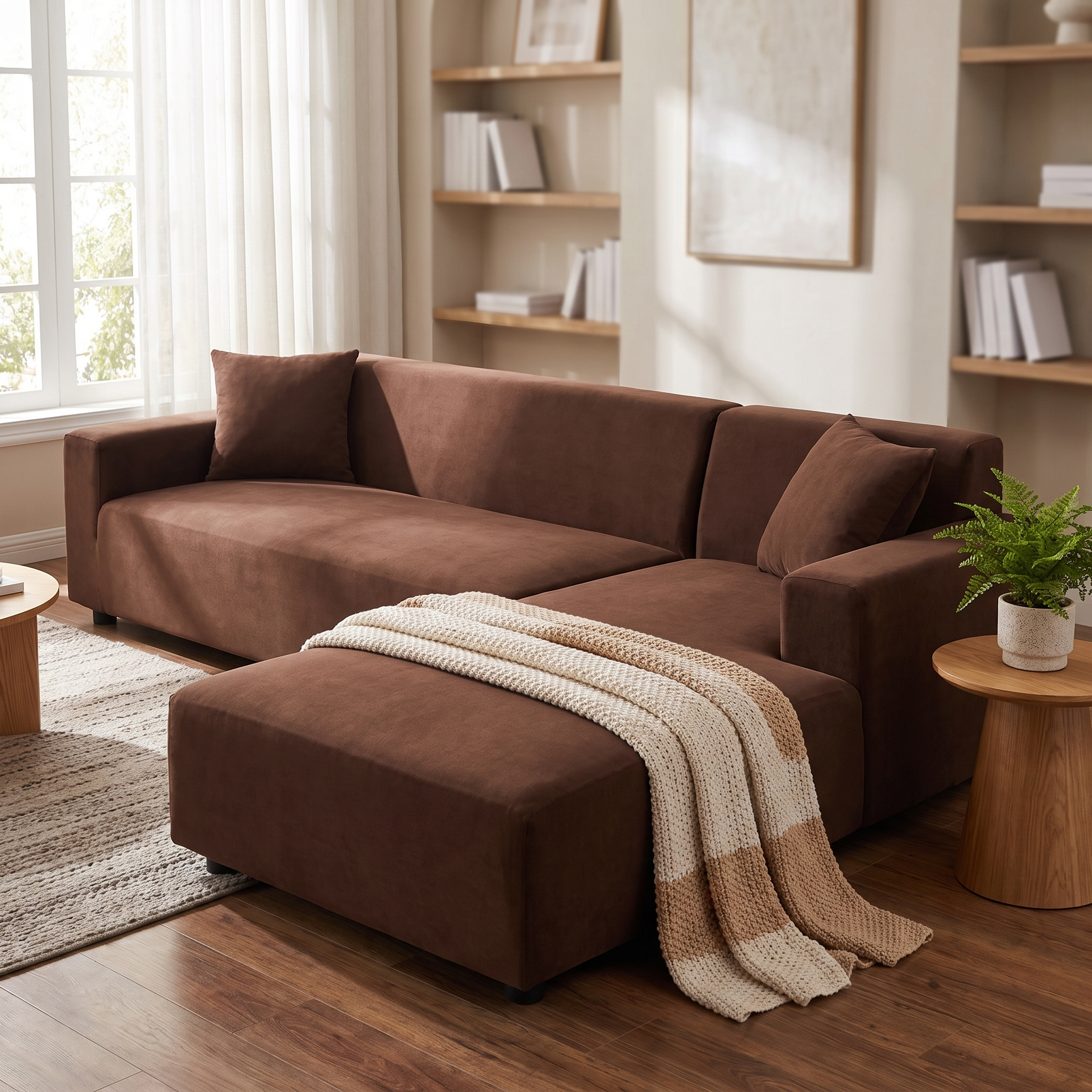 Stretch Sectional Couch Cover – Coffee Brown Stretch Fabric shown in a styled home interior | Brivenzo