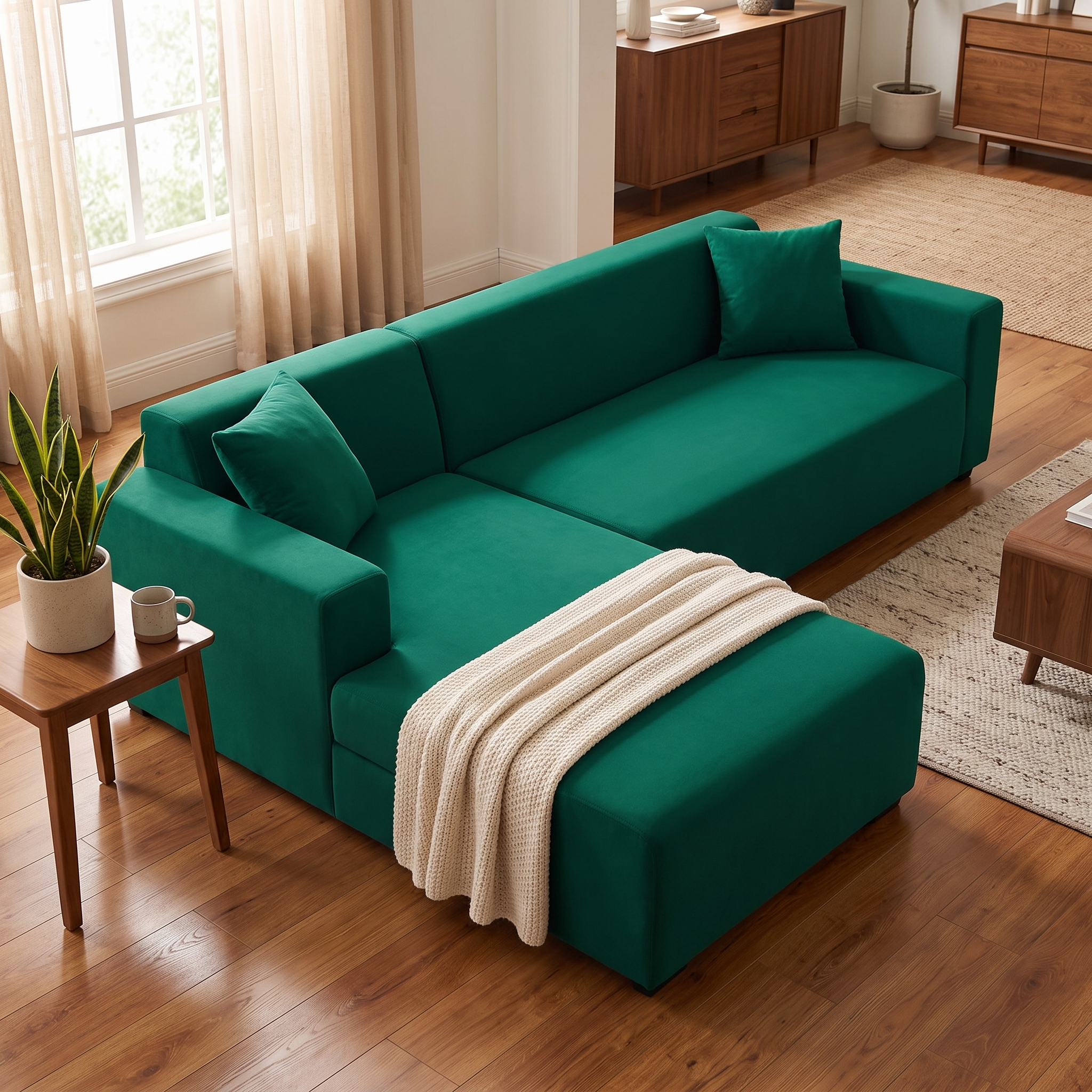 Stretch Sectional Couch Cover – Dark Green shown in a styled home interior | Brivenzo