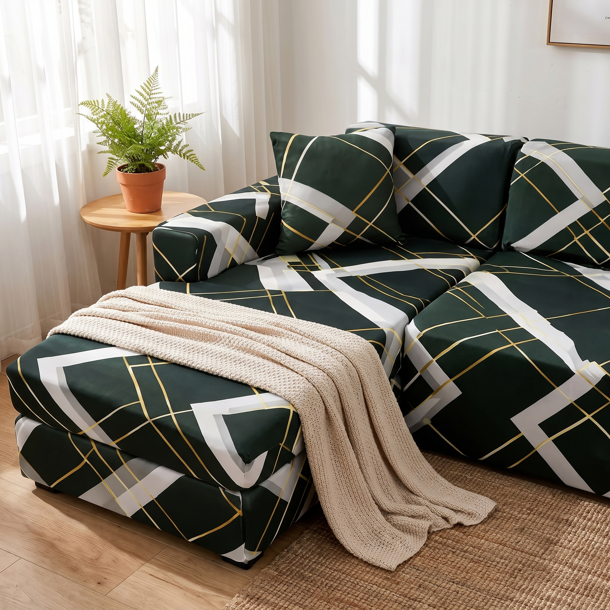 Stretch Sectional Couch Cover – Emerald Green Geometric Print shown in a styled home interior | Brivenzo