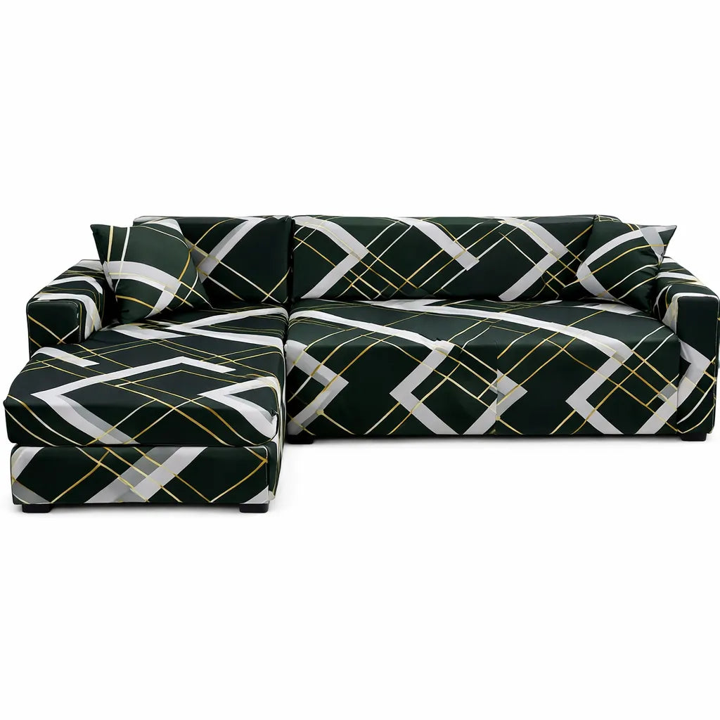 Stretch Sectional Couch Cover – Emerald Green Geometric Print – product view 1 | Brivenzo