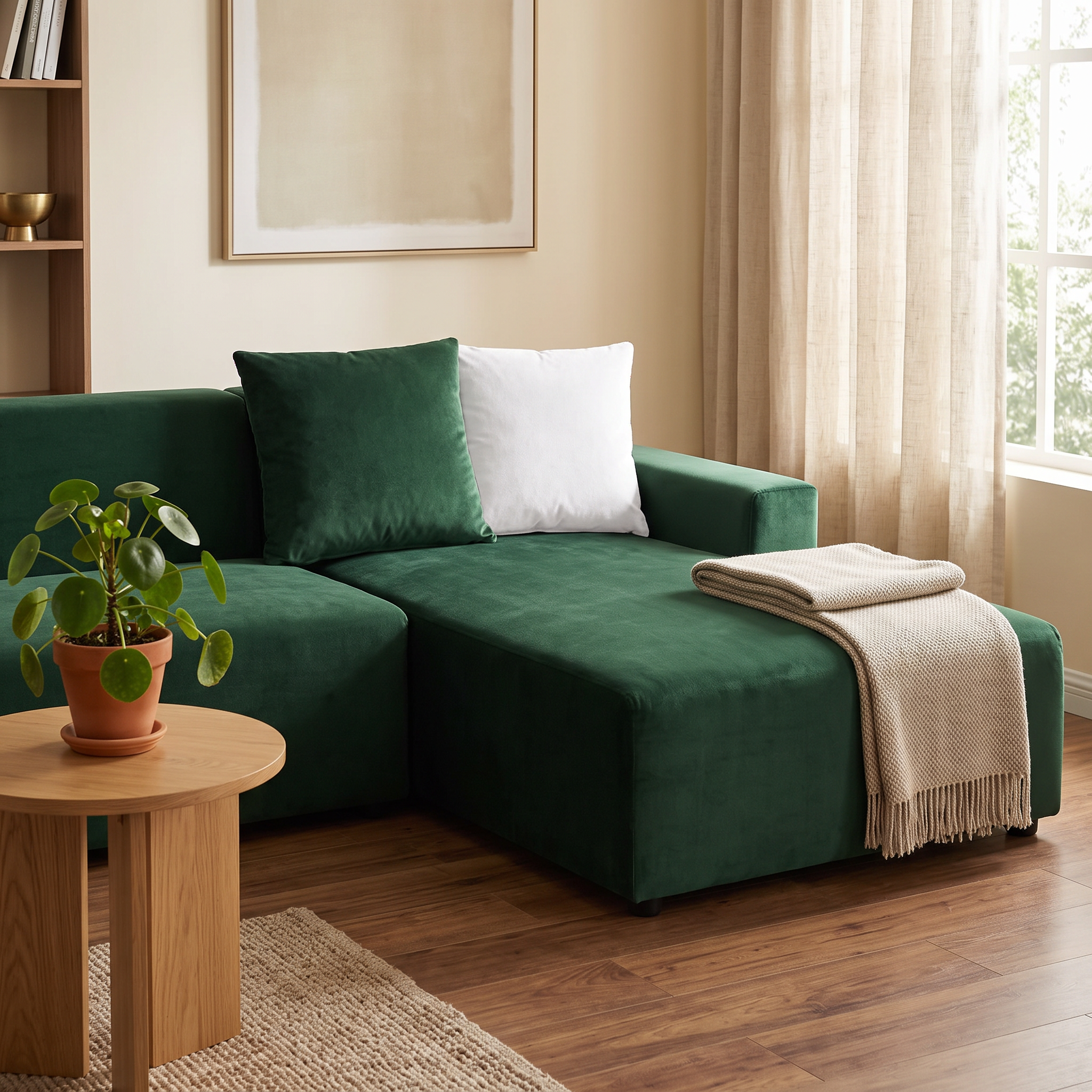 Stretch Sectional Couch Cover – Emerald Green Velvet shown in a styled home interior | Brivenzo
