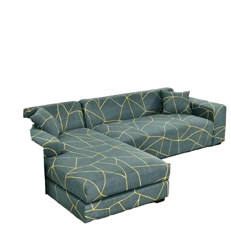 Stretch Sectional Couch Cover – Green & Gold Geometric Line Print – product view 1 | Brivenzo