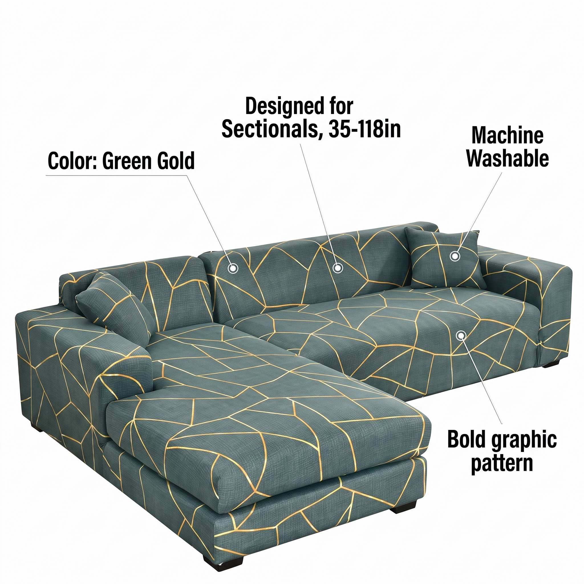 Stretch Sectional Couch Cover – Green & Gold Geometric Line Print – features and specifications overview | Brivenzo