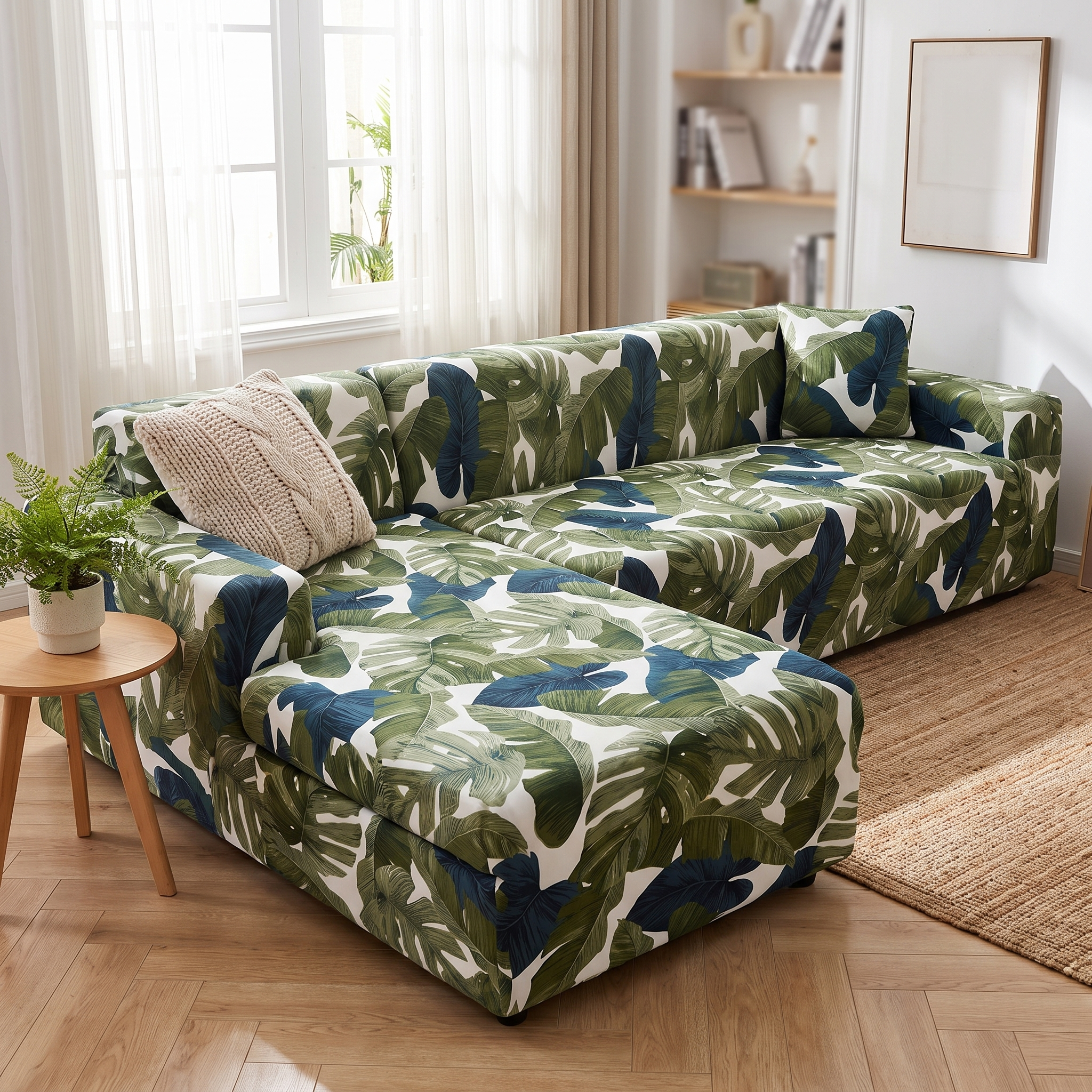 Stretch Sectional Couch Cover – Green Tropical Leaf Print shown in a styled home interior | Brivenzo