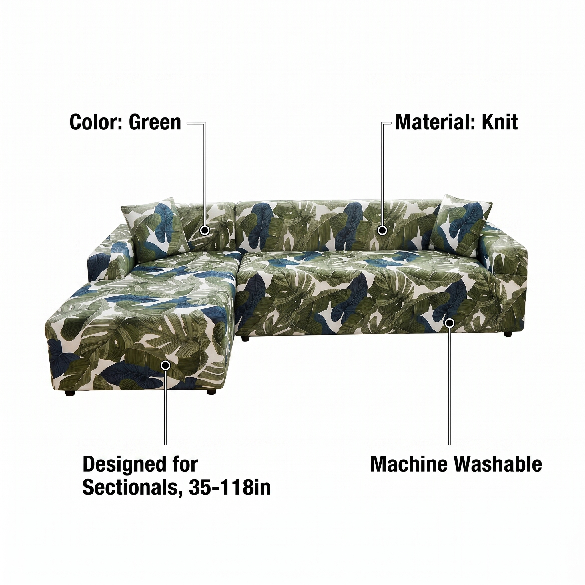 Stretch Sectional Couch Cover – Green Tropical Leaf Print – features and specifications overview | Brivenzo