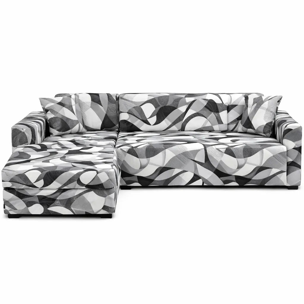 Stretch Sectional Couch Cover – Grey Abstract Wave Print – product view 1 | Brivenzo