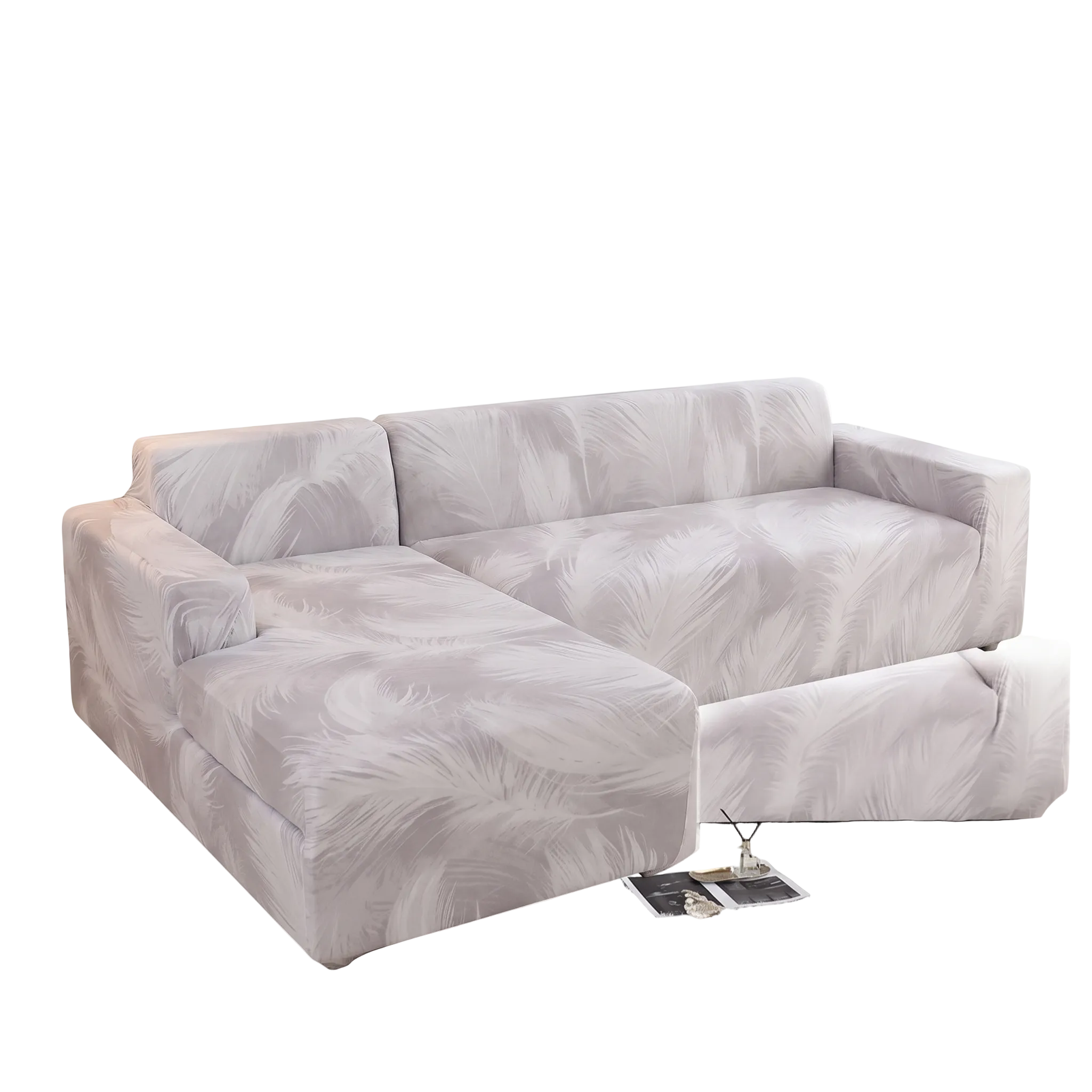 Stretch Sectional Couch Cover – Grey Blended Feather Print – product photo on a white background | Brivenzo