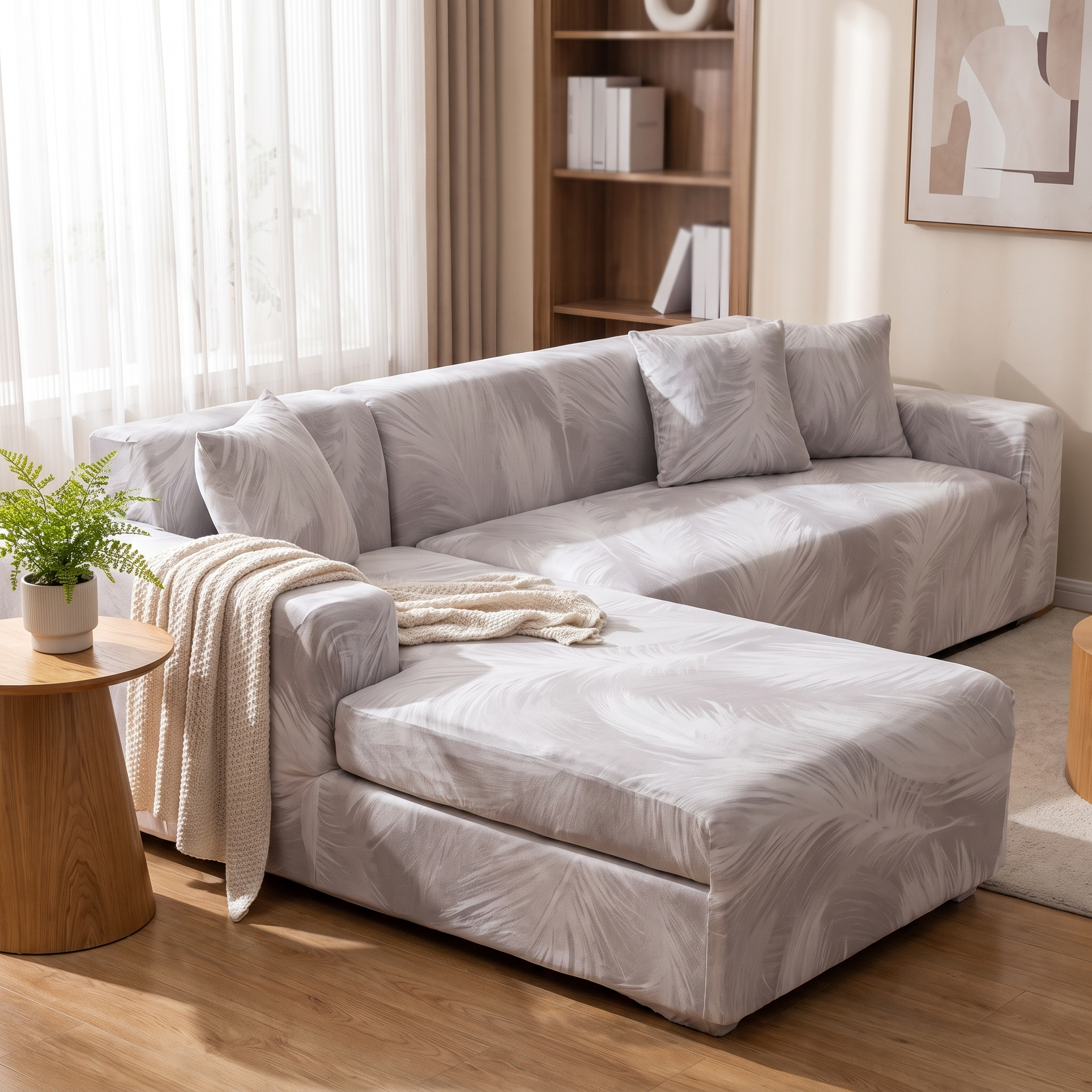 Stretch Sectional Couch Cover – Grey Blended Feather Print shown in a styled home interior | Brivenzo