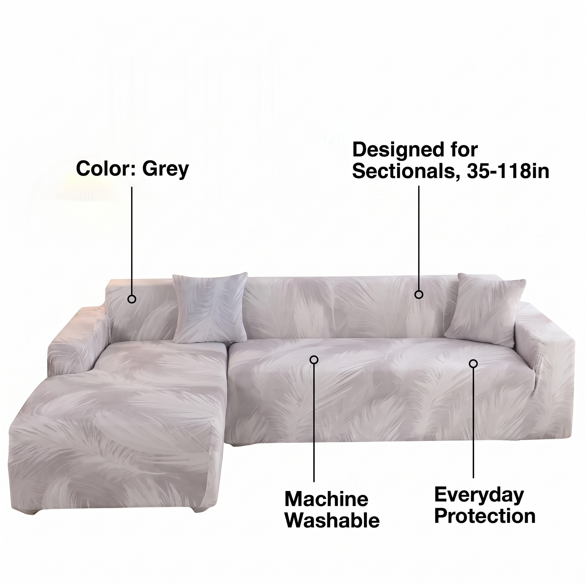 Stretch Sectional Couch Cover – Grey Blended Feather Print – features and specifications overview | Brivenzo