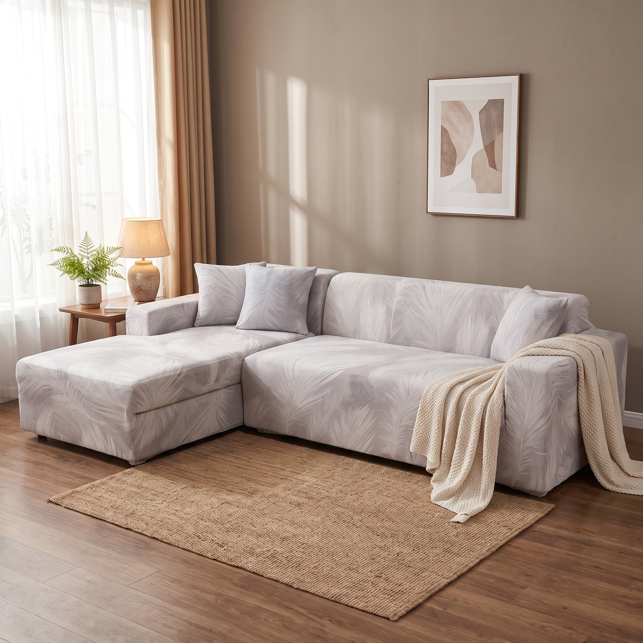 Stretch Sectional Couch Cover – Grey Bold Feather Print shown in a styled home interior | Brivenzo