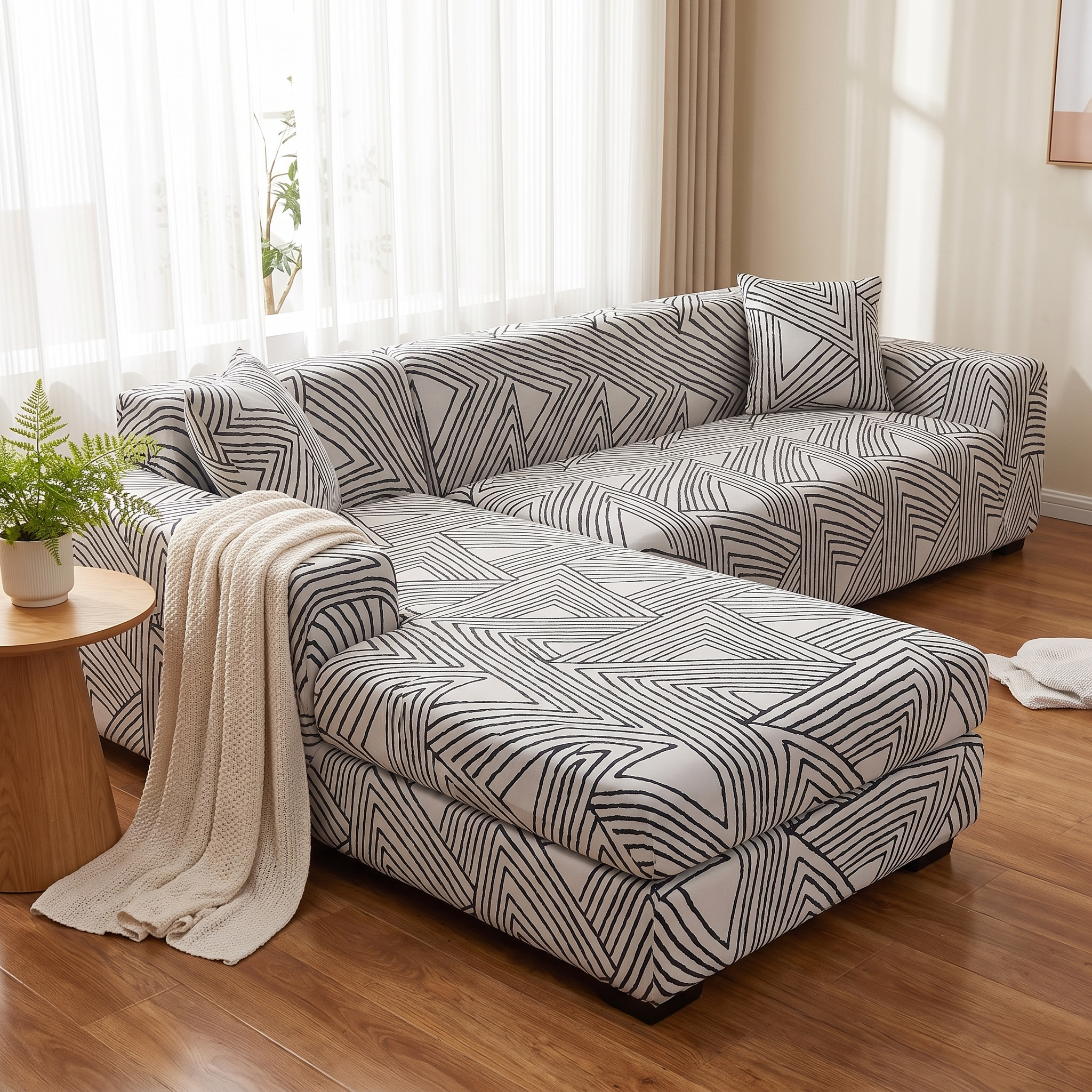 Stretch Sectional Couch Cover – Grey Chevron Line Print shown in a styled home interior | Brivenzo