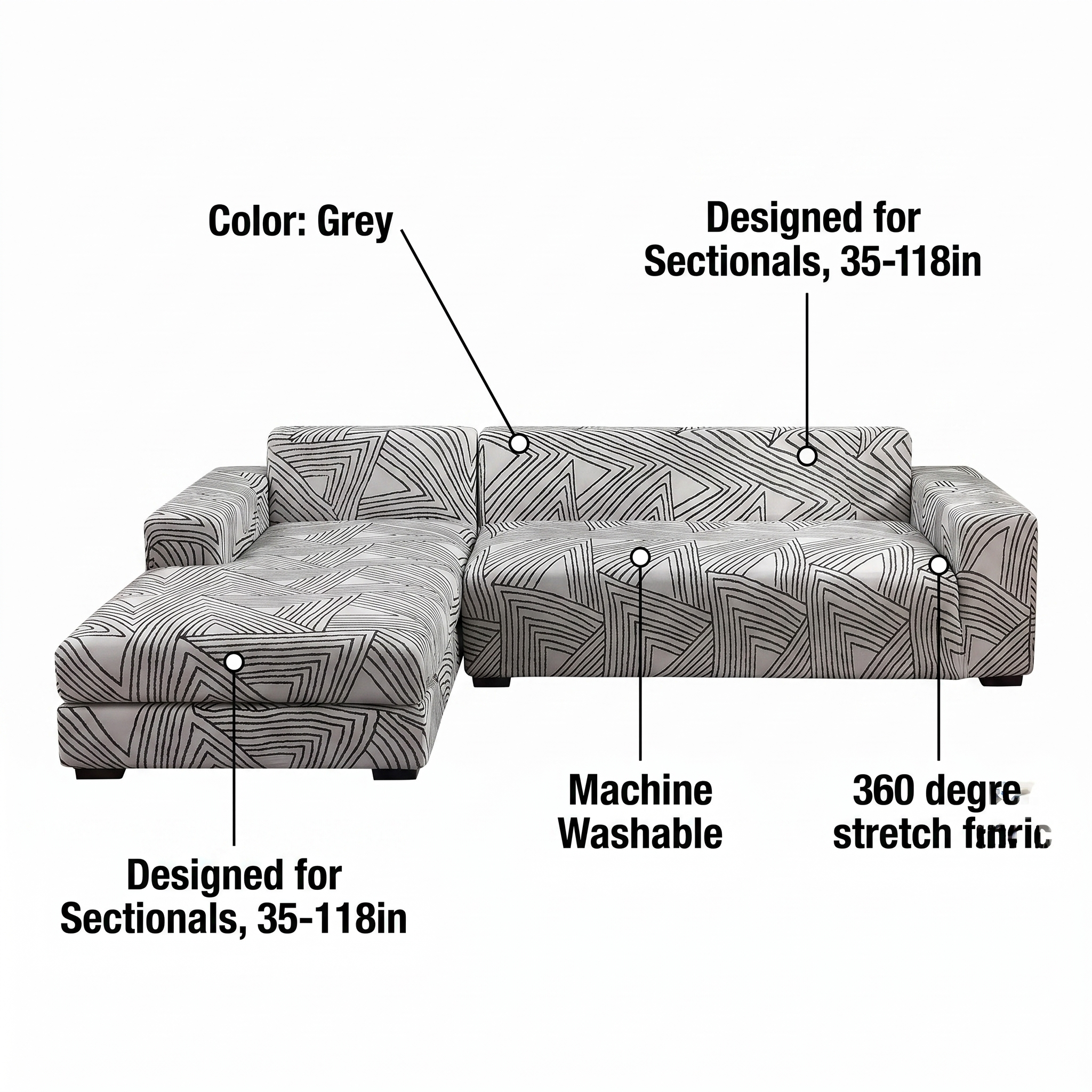 Stretch Sectional Couch Cover – Grey Chevron Line Print – features and specifications overview | Brivenzo