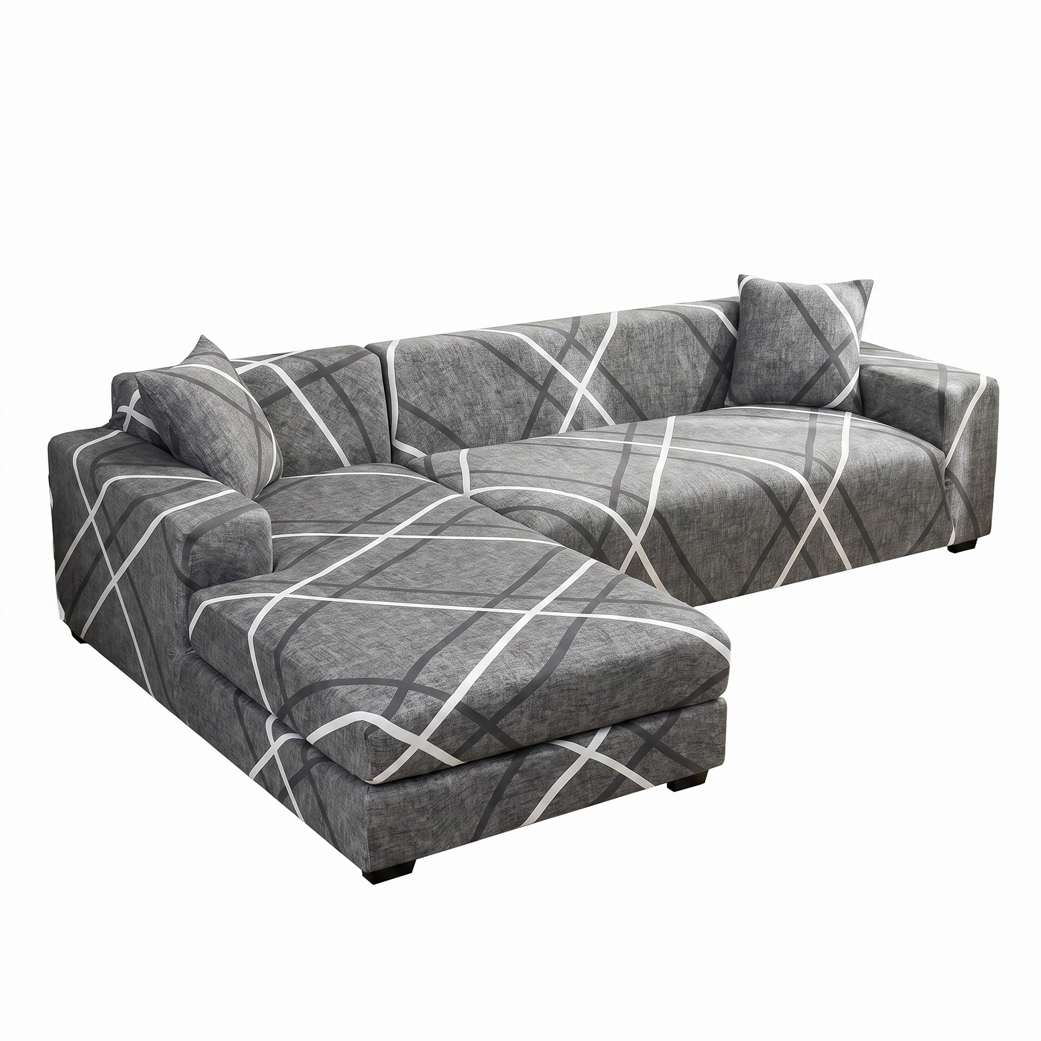 Stretch Sectional Couch Cover – Grey Crosshatch Print – product photo on a white background | Brivenzo