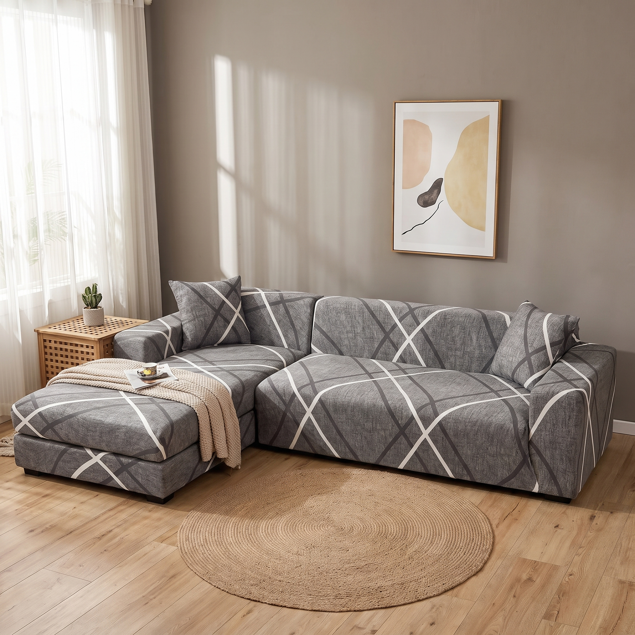 Stretch Sectional Couch Cover – Grey Crosshatch Print shown in a styled home interior | Brivenzo