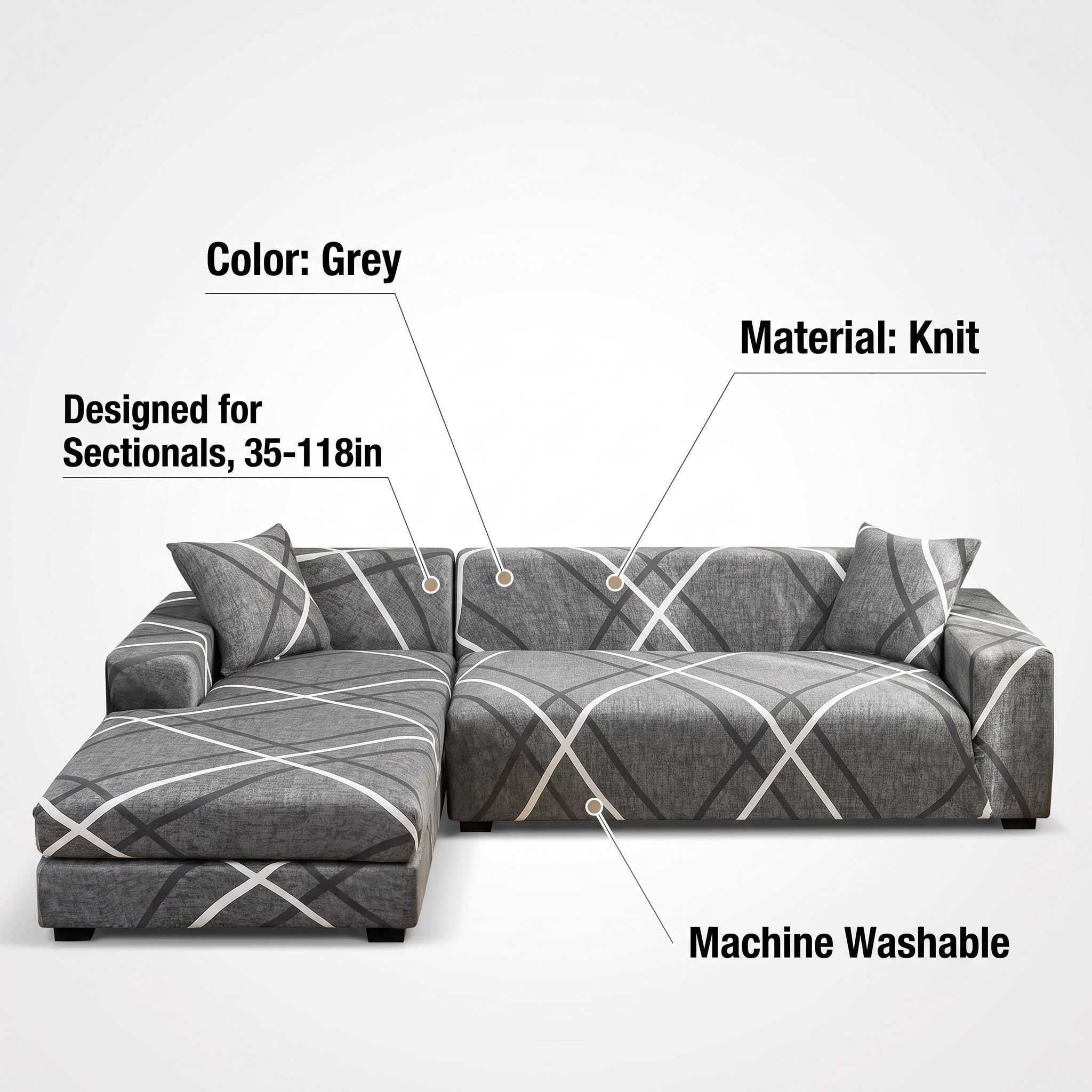 Stretch Sectional Couch Cover – Grey Crosshatch Print – features and specifications overview | Brivenzo