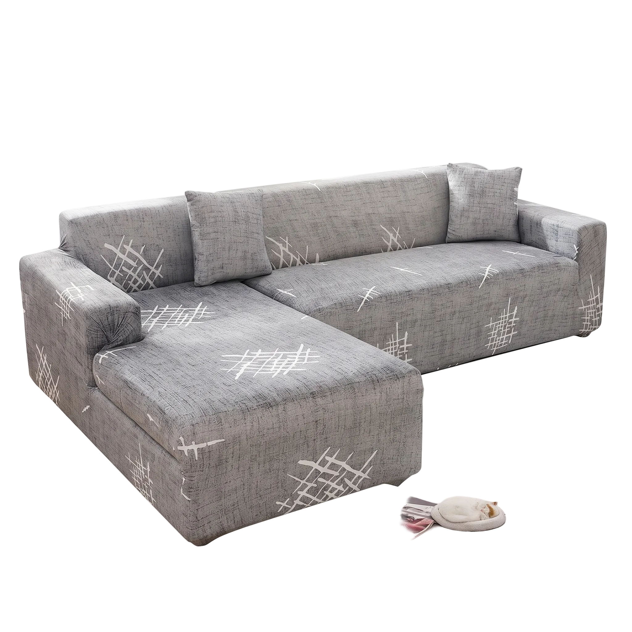 Stretch Sectional Couch Cover – Grey Crosshatch Star Print – product photo on a white background | Brivenzo