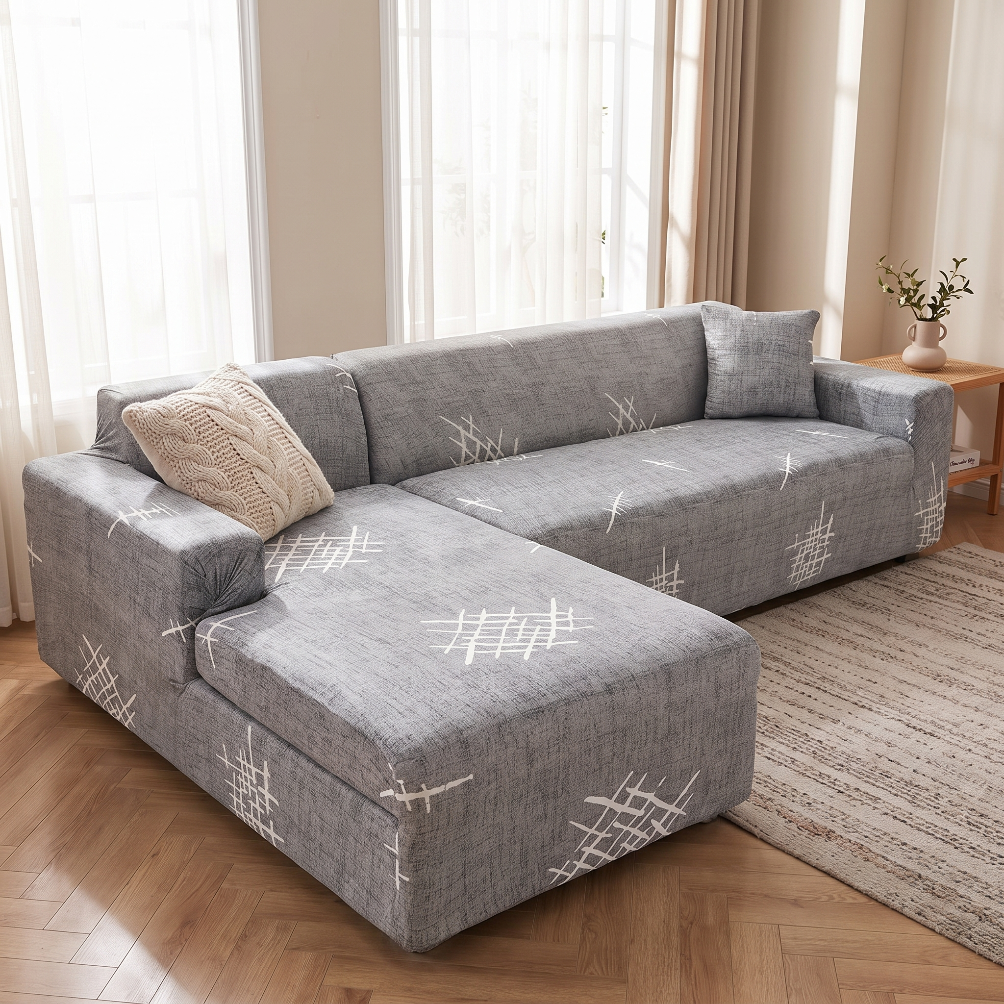 Stretch Sectional Couch Cover – Grey Crosshatch Star Print shown in a styled home interior | Brivenzo