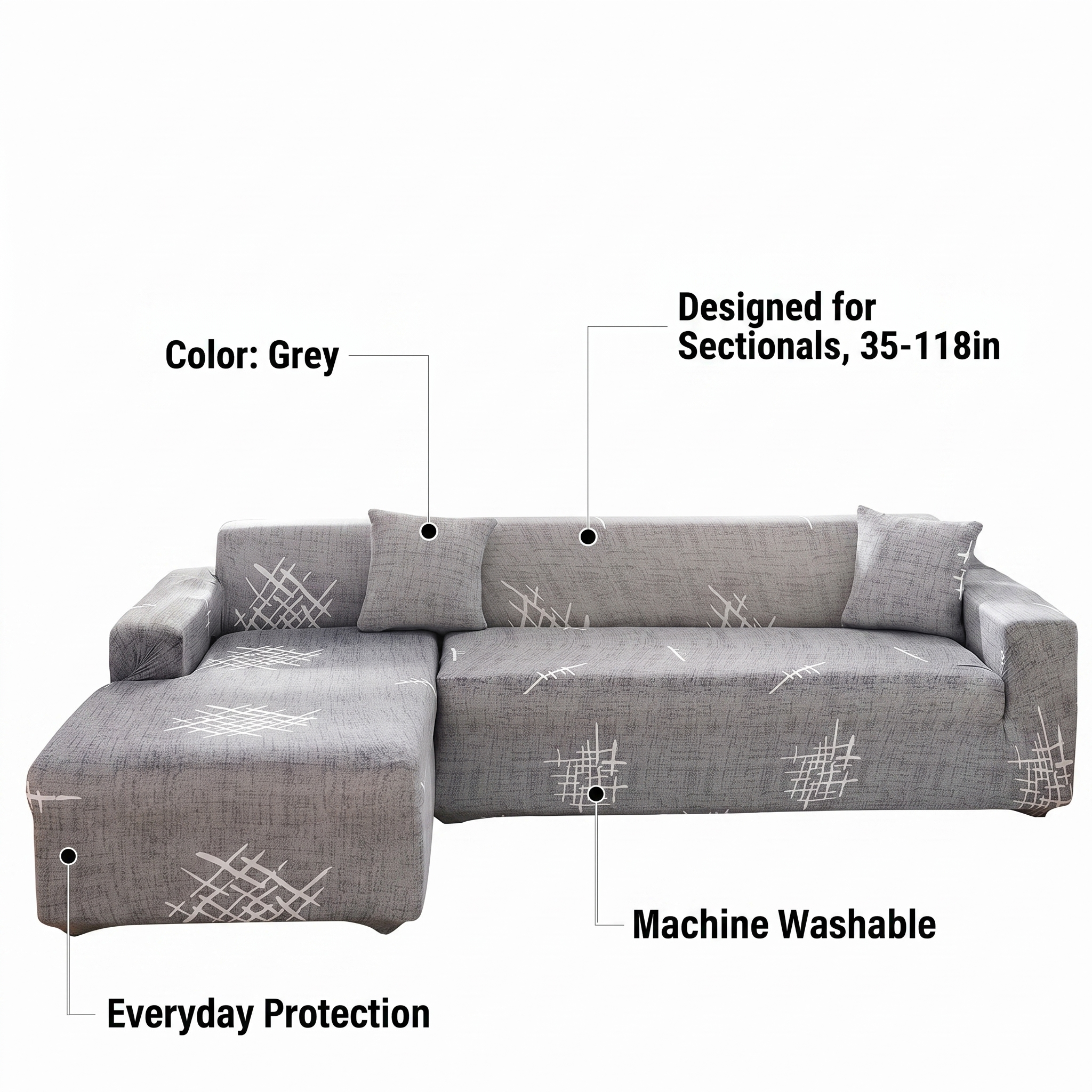 Stretch Sectional Couch Cover – Grey Crosshatch Star Print – features and specifications overview | Brivenzo