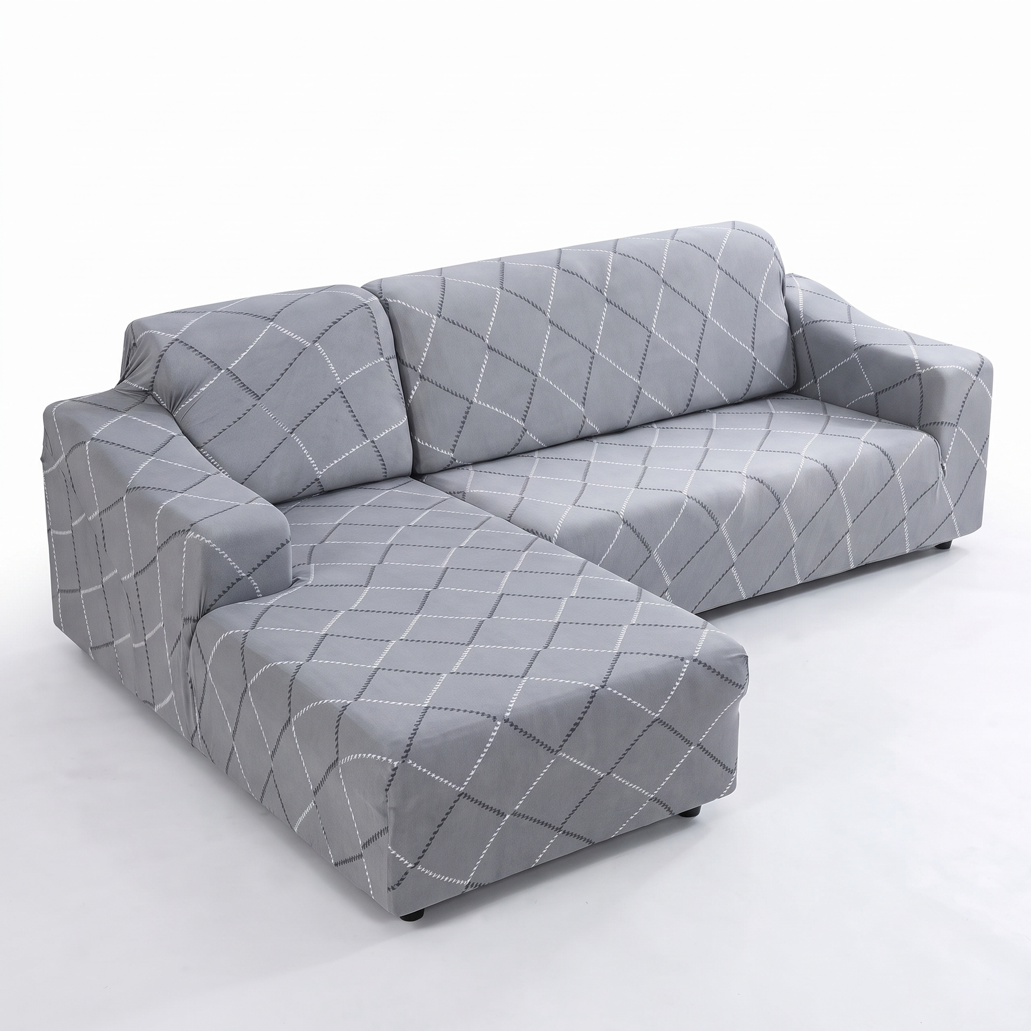 Stretch Sectional Couch Cover – Grey Diamond Quilted Print – product photo on a white background | Brivenzo