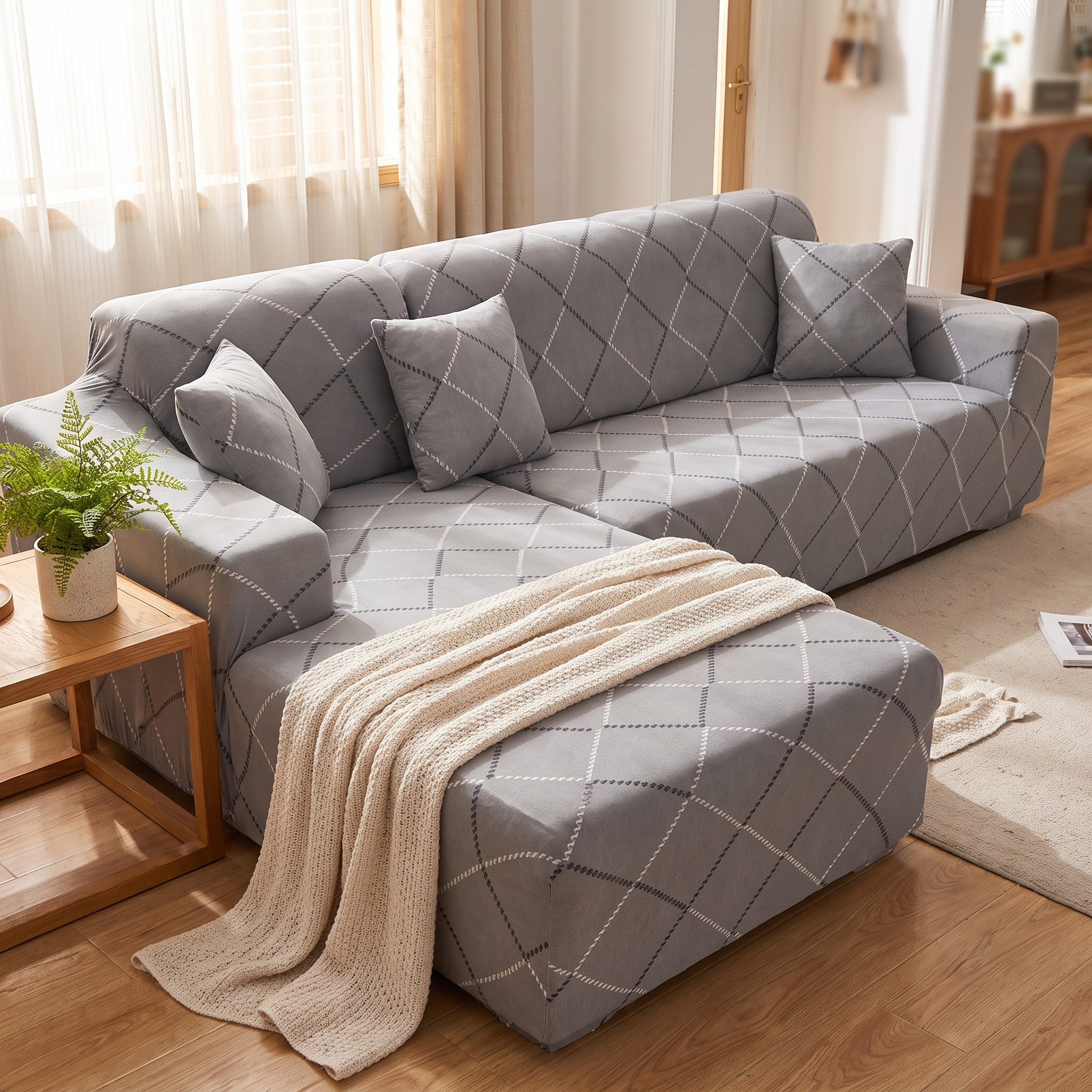 Stretch Sectional Couch Cover – Grey Diamond Quilted Print shown in a styled home interior | Brivenzo
