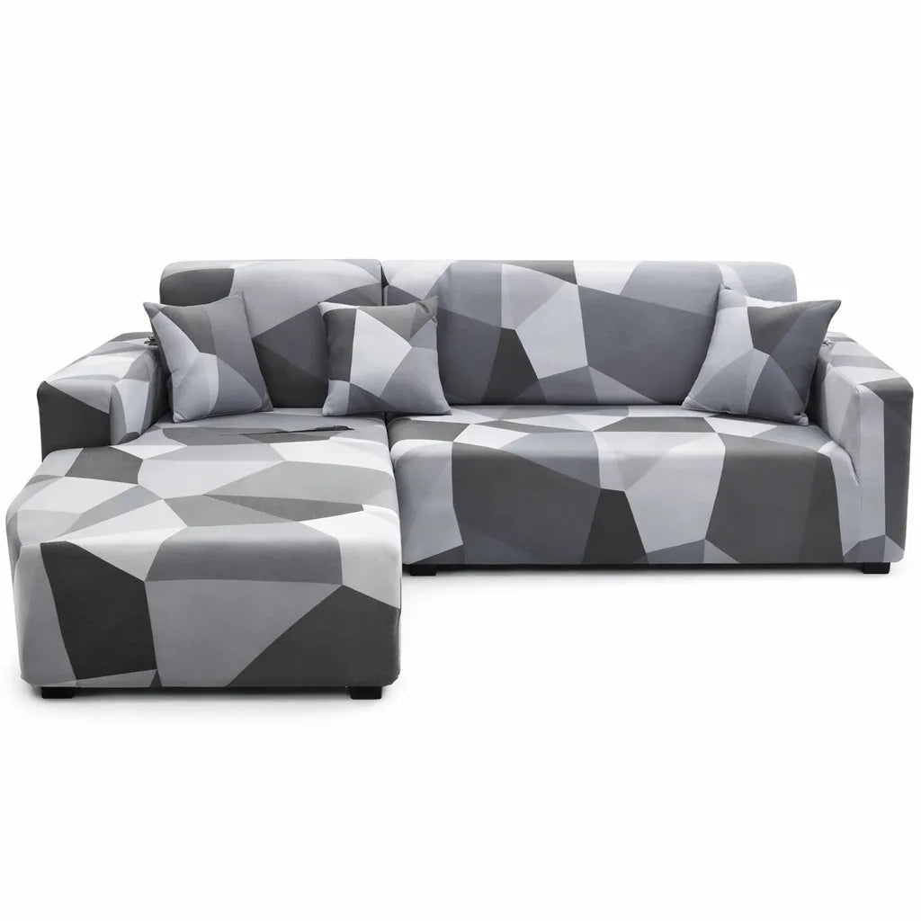 Stretch Sectional Couch Cover – Grey Faceted Geometric Print – product view 1 | Brivenzo