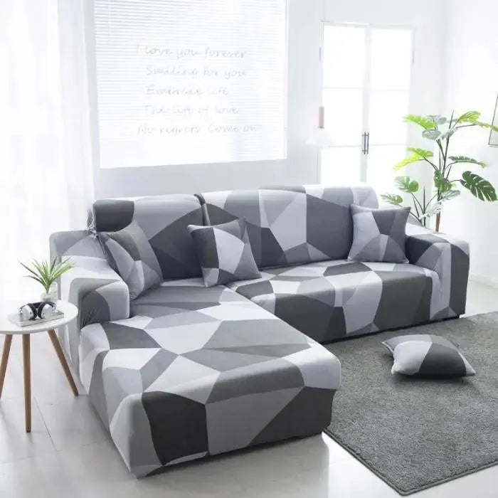 Stretch Sectional Couch Cover – Grey Faceted Geometric Print – product view 4 | Brivenzo