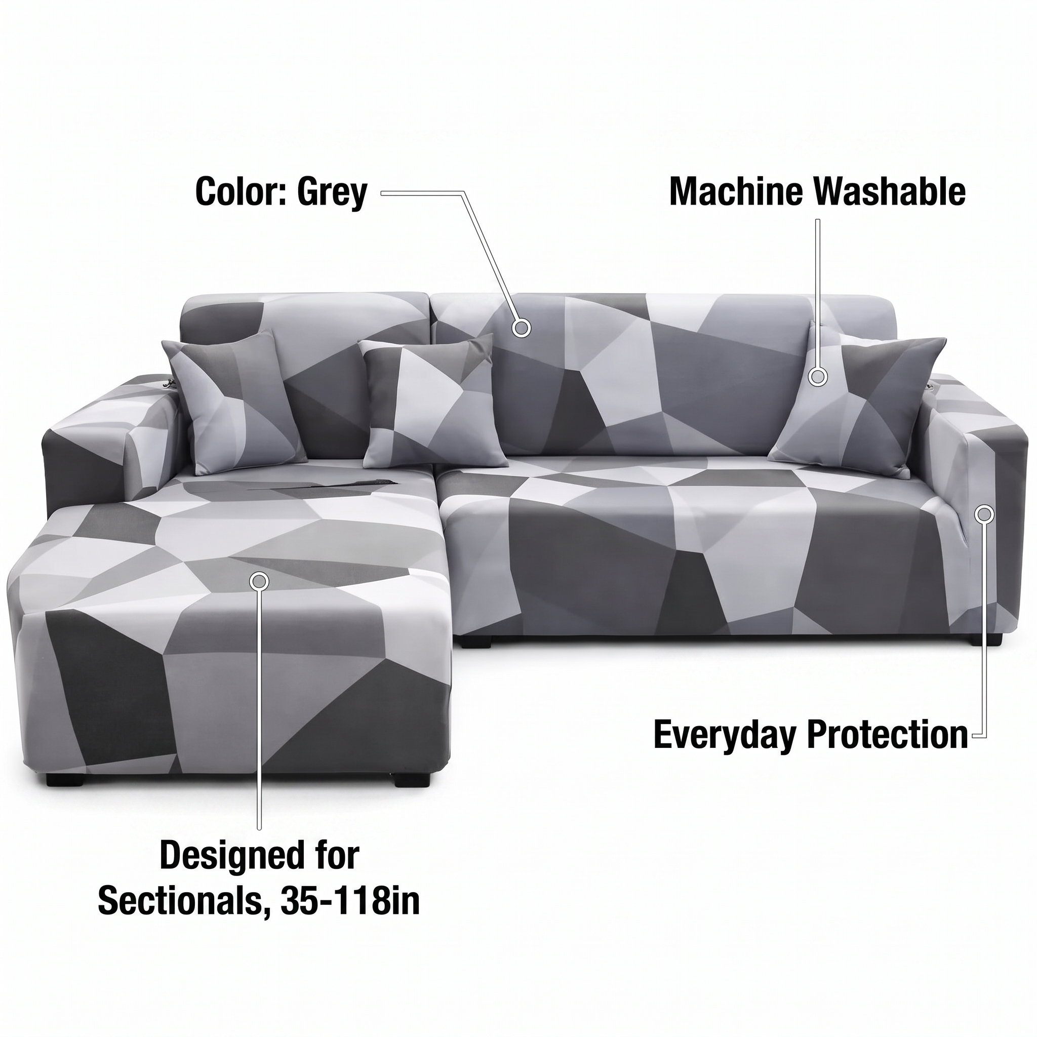 Stretch Sectional Couch Cover – Grey Faceted Geometric Print – features and specifications overview | Brivenzo