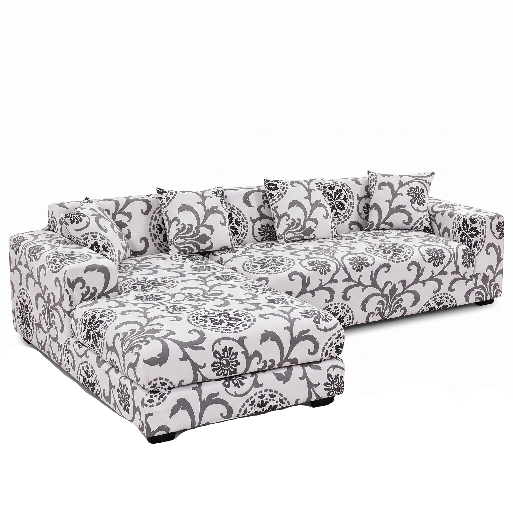 Stretch Sectional Couch Cover – Grey Floral Scroll Print – product photo on a white background | Brivenzo