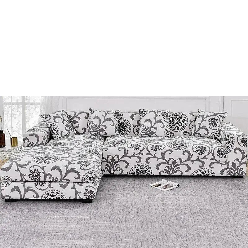 Stretch Sectional Couch Cover – Grey Floral Scroll Print – product view 4 | Brivenzo