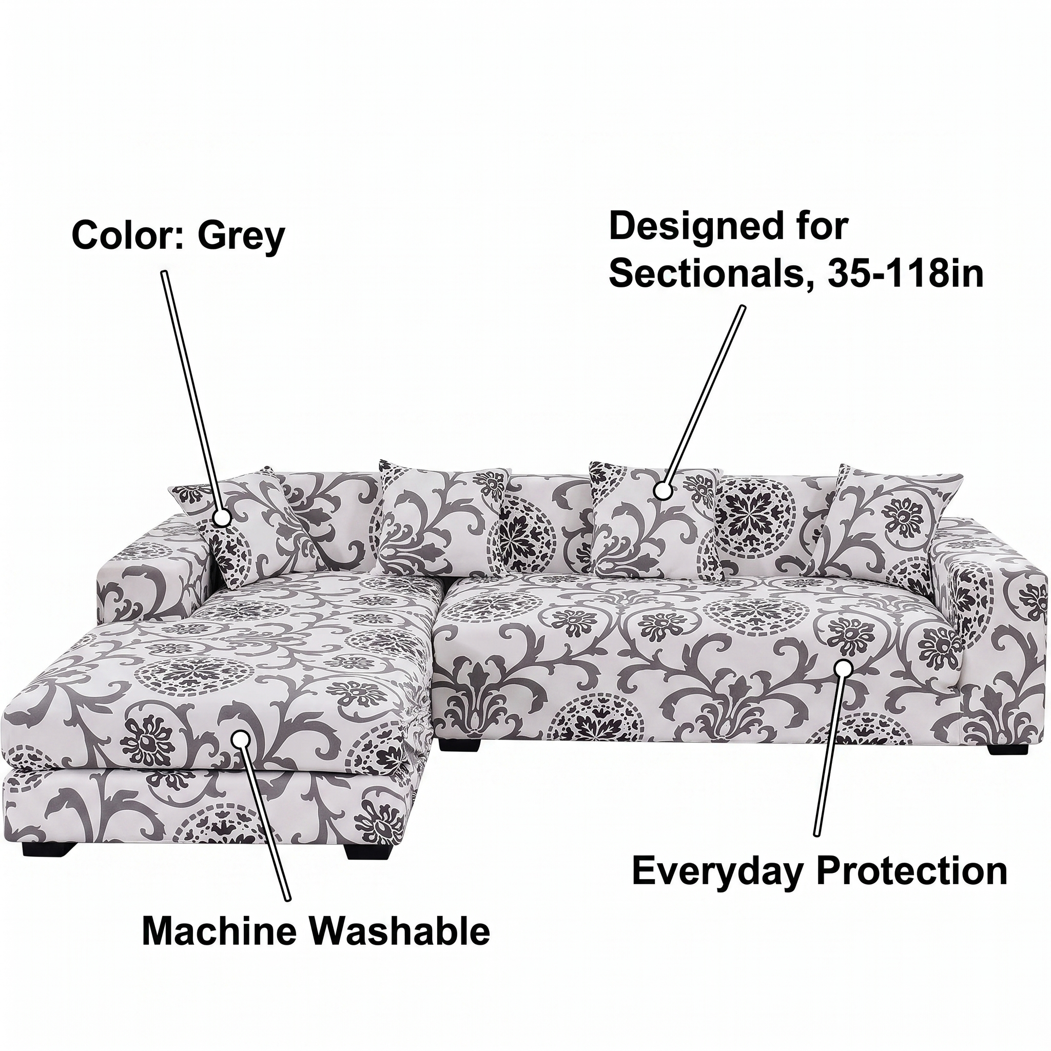 Stretch Sectional Couch Cover – Grey Floral Scroll Print – features and specifications overview | Brivenzo