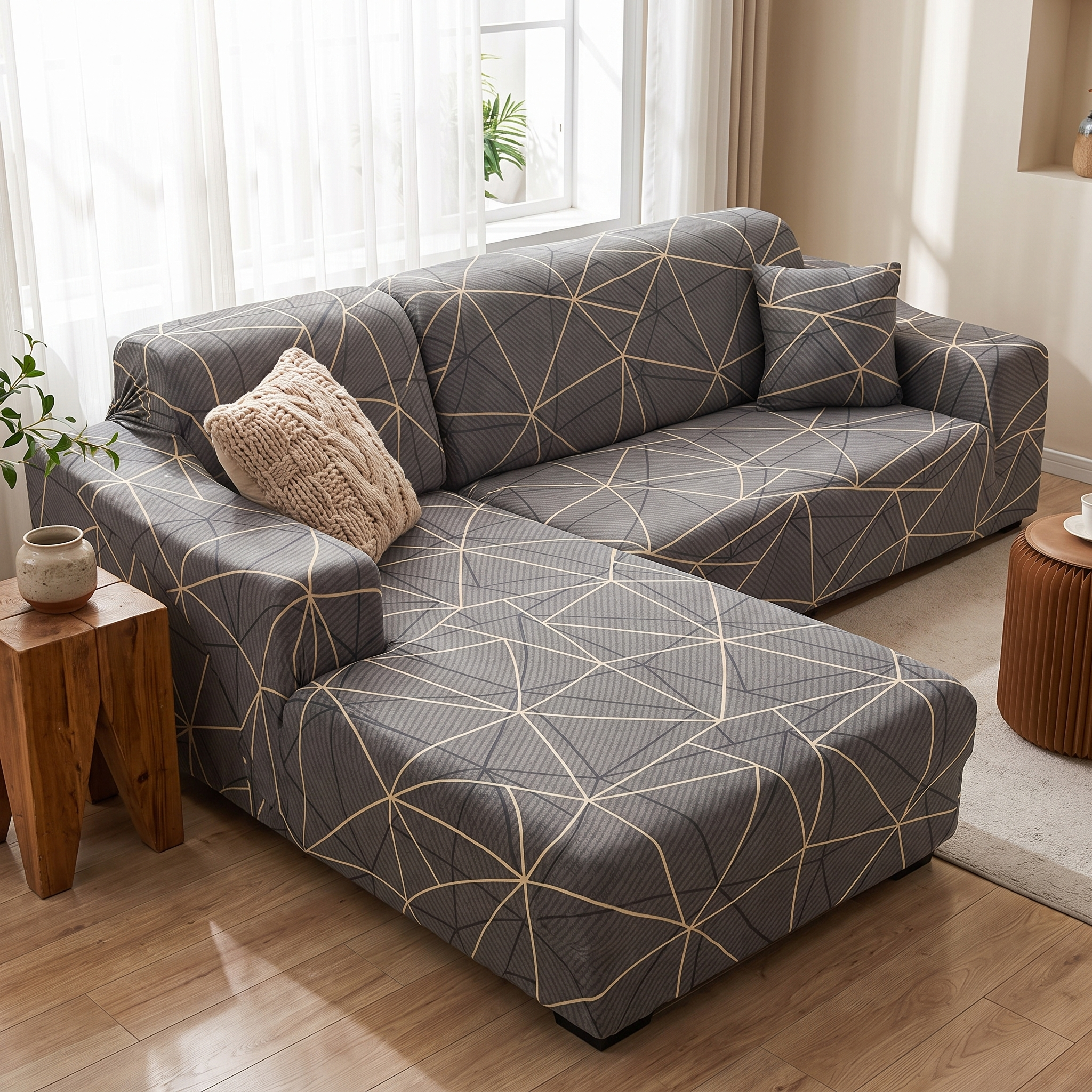 Stretch Sectional Couch Cover – Grey Geometric Line Print shown in a styled home interior | Brivenzo