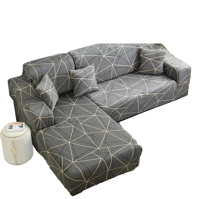 Stretch Sectional Couch Cover – Grey Geometric Line Print – product view 1 | Brivenzo