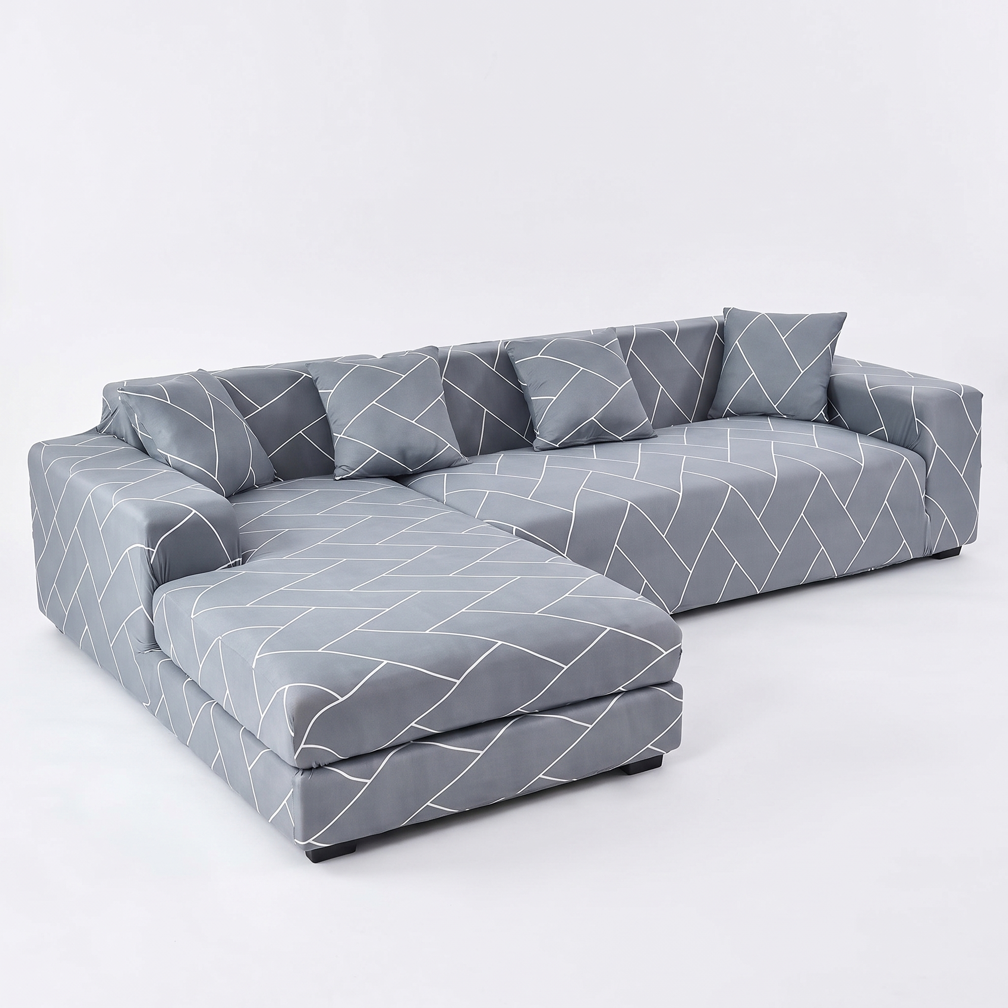 Stretch Sectional Couch Cover – Grey Herringbone Weave Print – product photo on a white background | Brivenzo