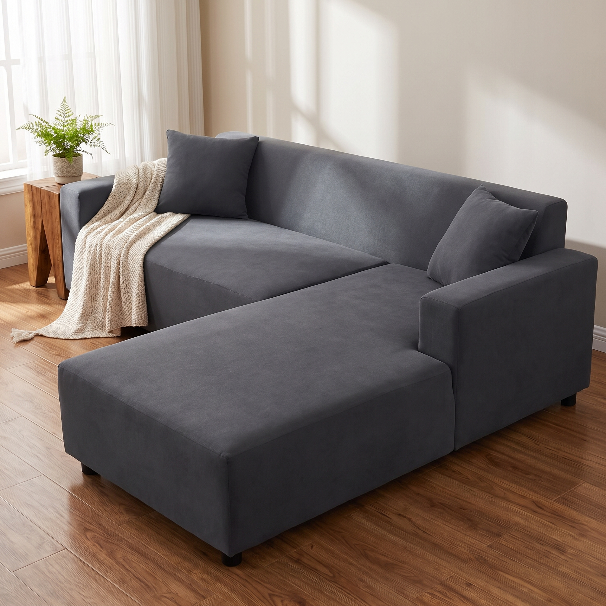 Stretch Sectional Couch Cover – Grey shown in a styled home interior | Brivenzo
