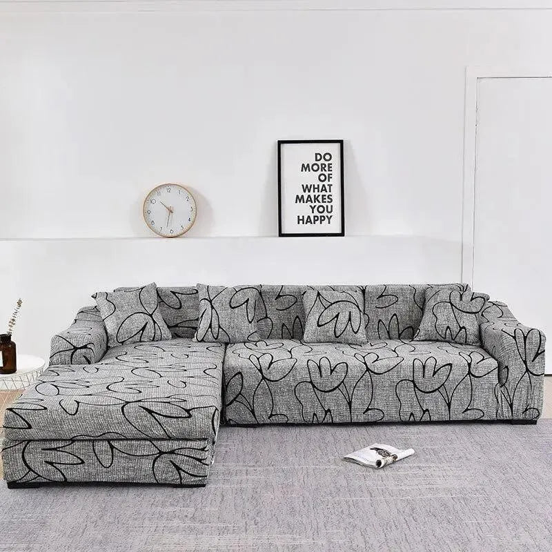 Stretch Sectional Couch Cover – Grey Line Art Floral Print – product view 4 | Brivenzo