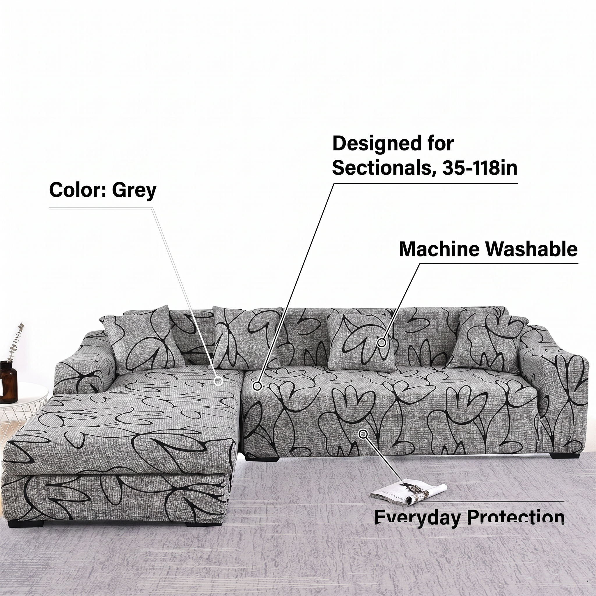 Stretch Sectional Couch Cover – Grey Line Art Floral Print – features and specifications overview | Brivenzo
