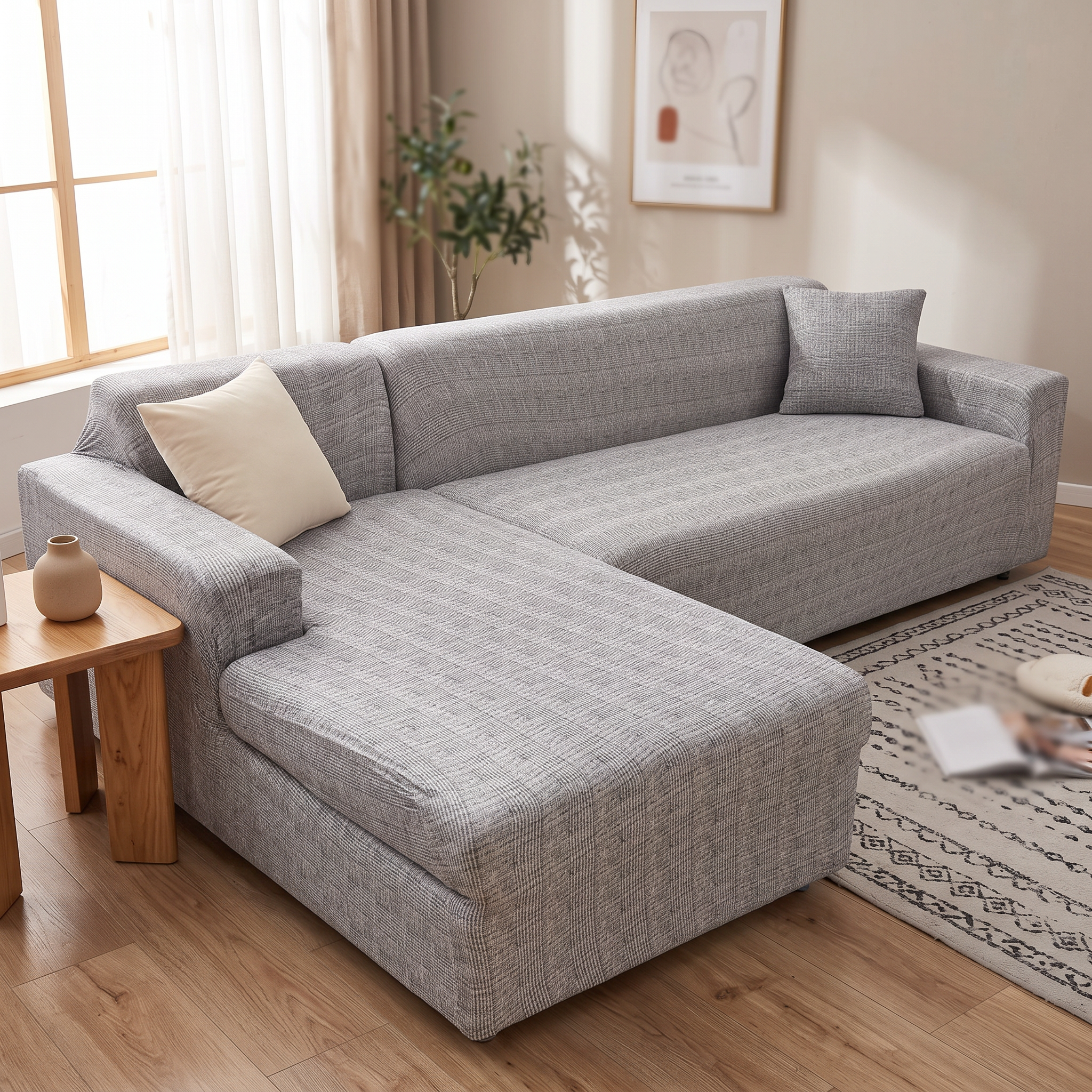 Stretch Sectional Couch Cover – Grey Plaid Print shown in a styled home interior | Brivenzo