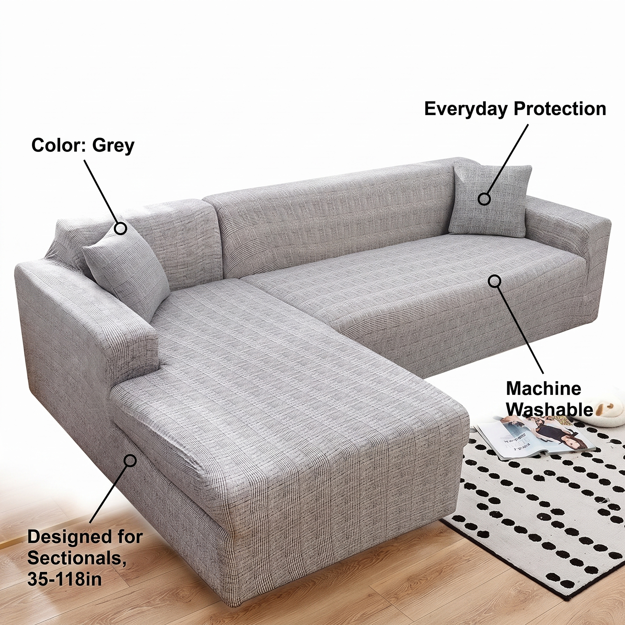 Stretch Sectional Couch Cover – Grey Plaid Print – features and specifications overview | Brivenzo