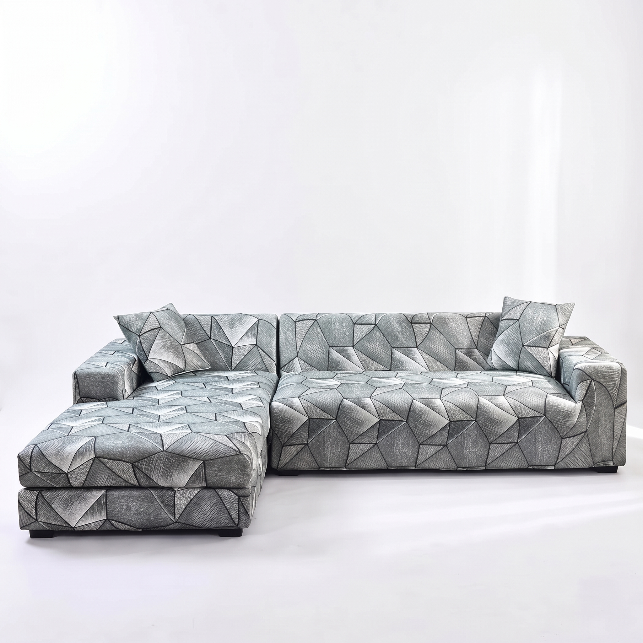 Stretch Sectional Couch Cover – Grey-Sage Geometric Print – product photo on a white background | Brivenzo