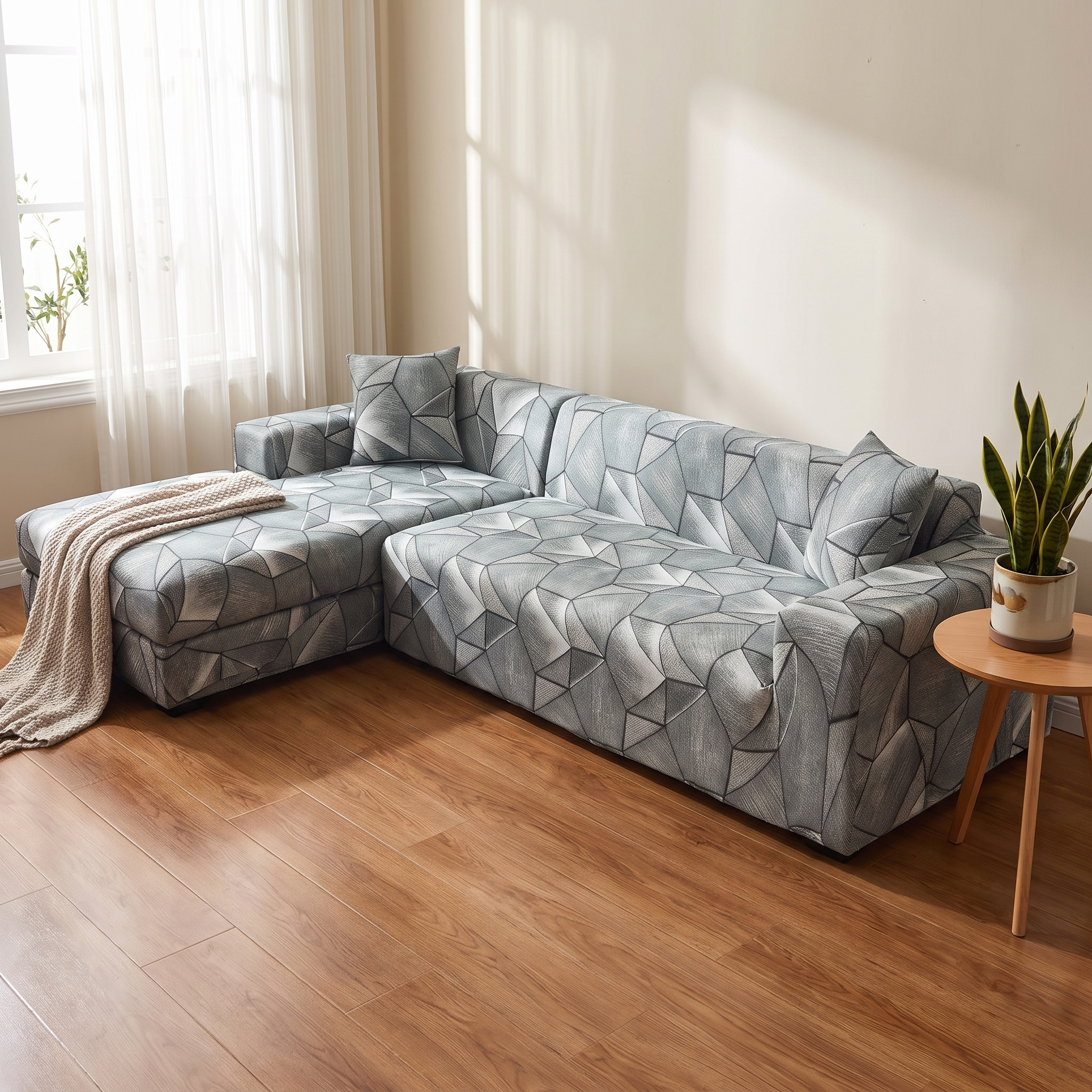 Stretch Sectional Couch Cover – Grey-Sage Geometric Print shown in a styled home interior | Brivenzo