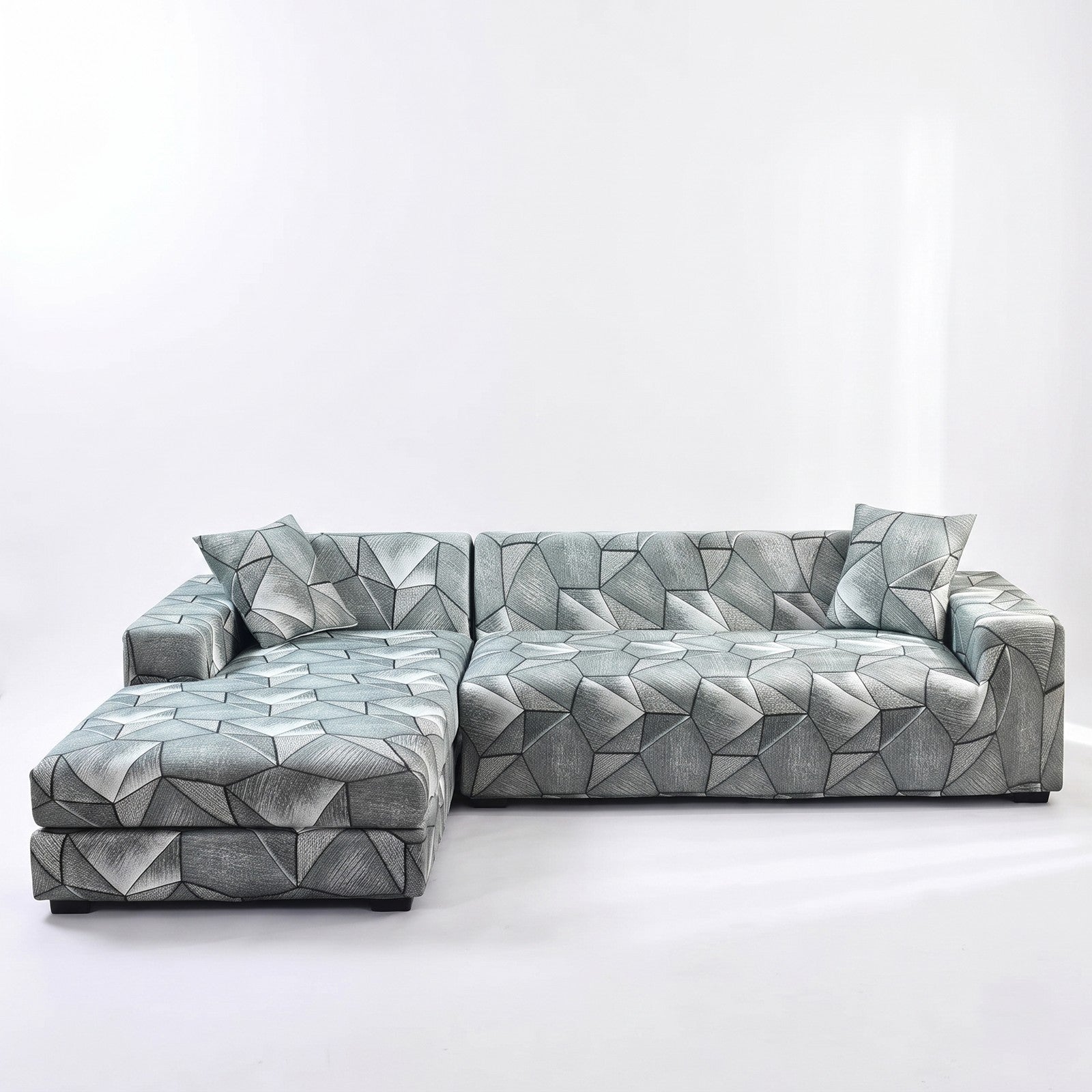 Stretch Sectional Couch Cover – Grey-Sage Geometric Print – product view 4 | Brivenzo