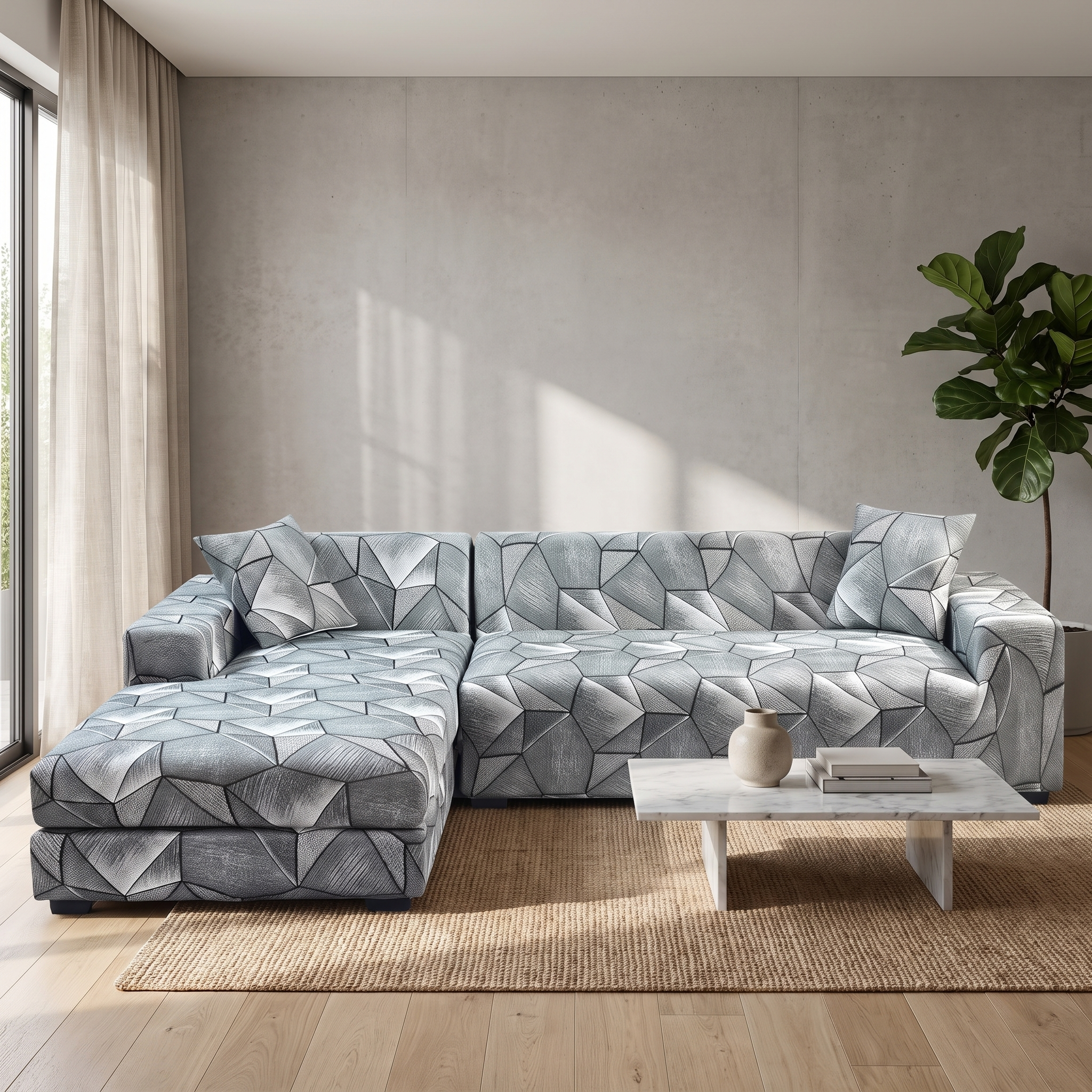 Stretch Sectional Couch Cover – Grey-Sage Geometric Print – product view 5 | Brivenzo