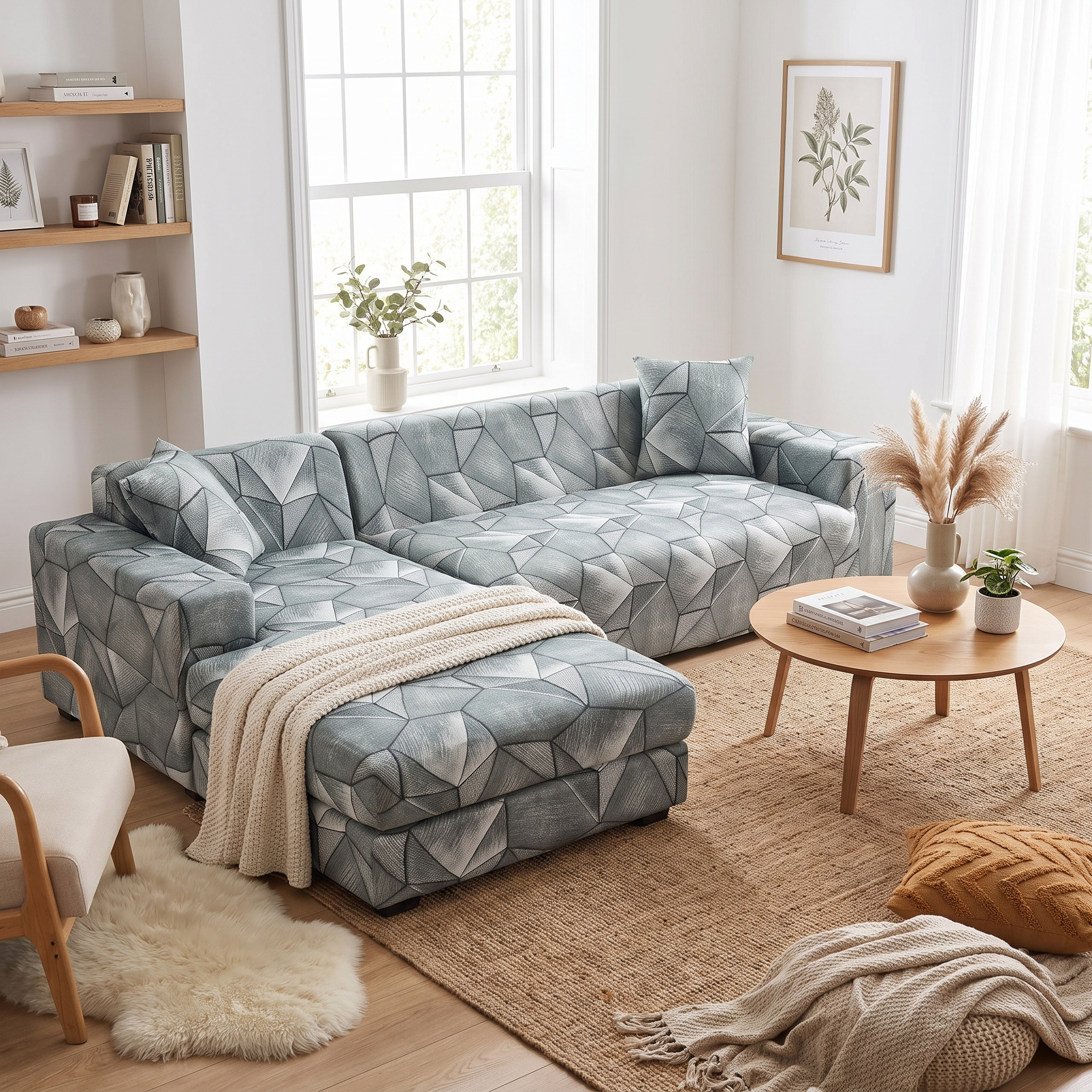 Stretch Sectional Couch Cover – Grey-Sage Geometric Print – product view 6 | Brivenzo