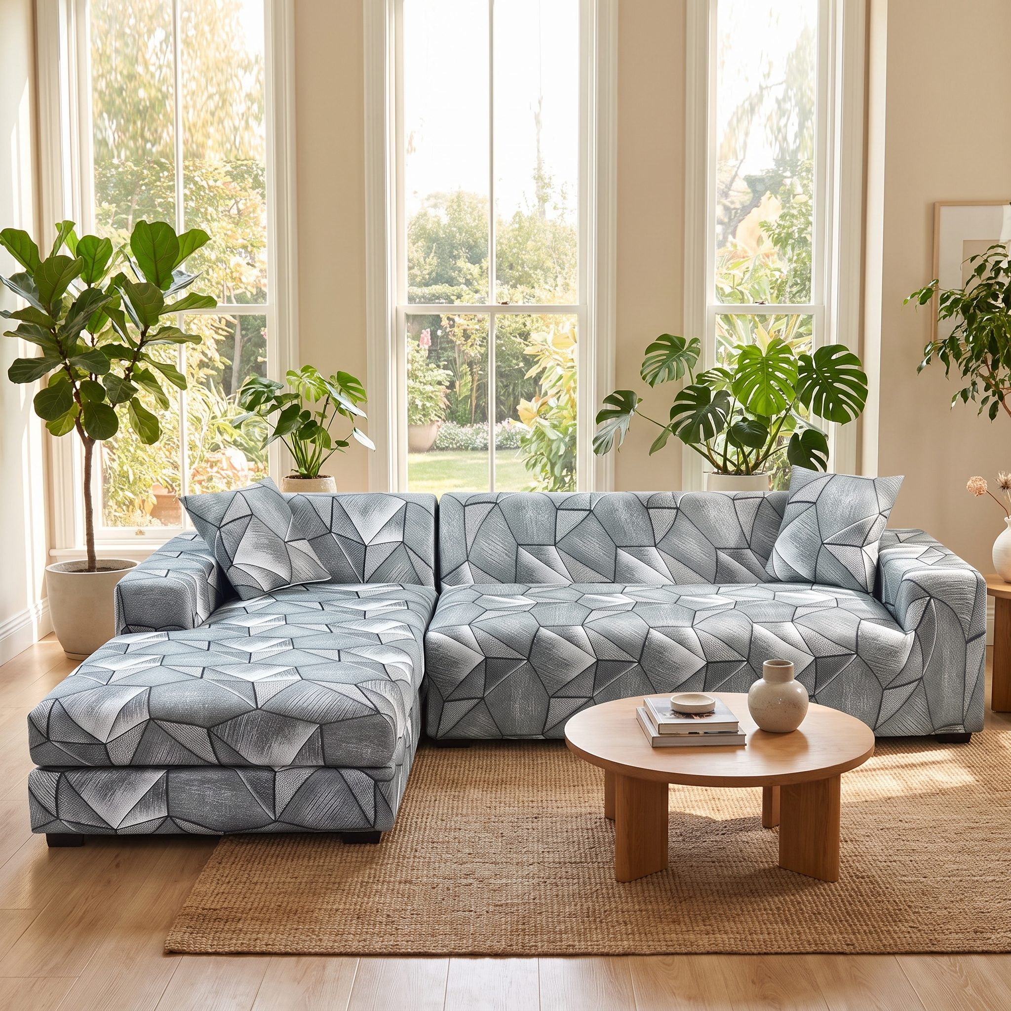 Stretch Sectional Couch Cover – Grey-Sage Geometric Print – product view 7 | Brivenzo