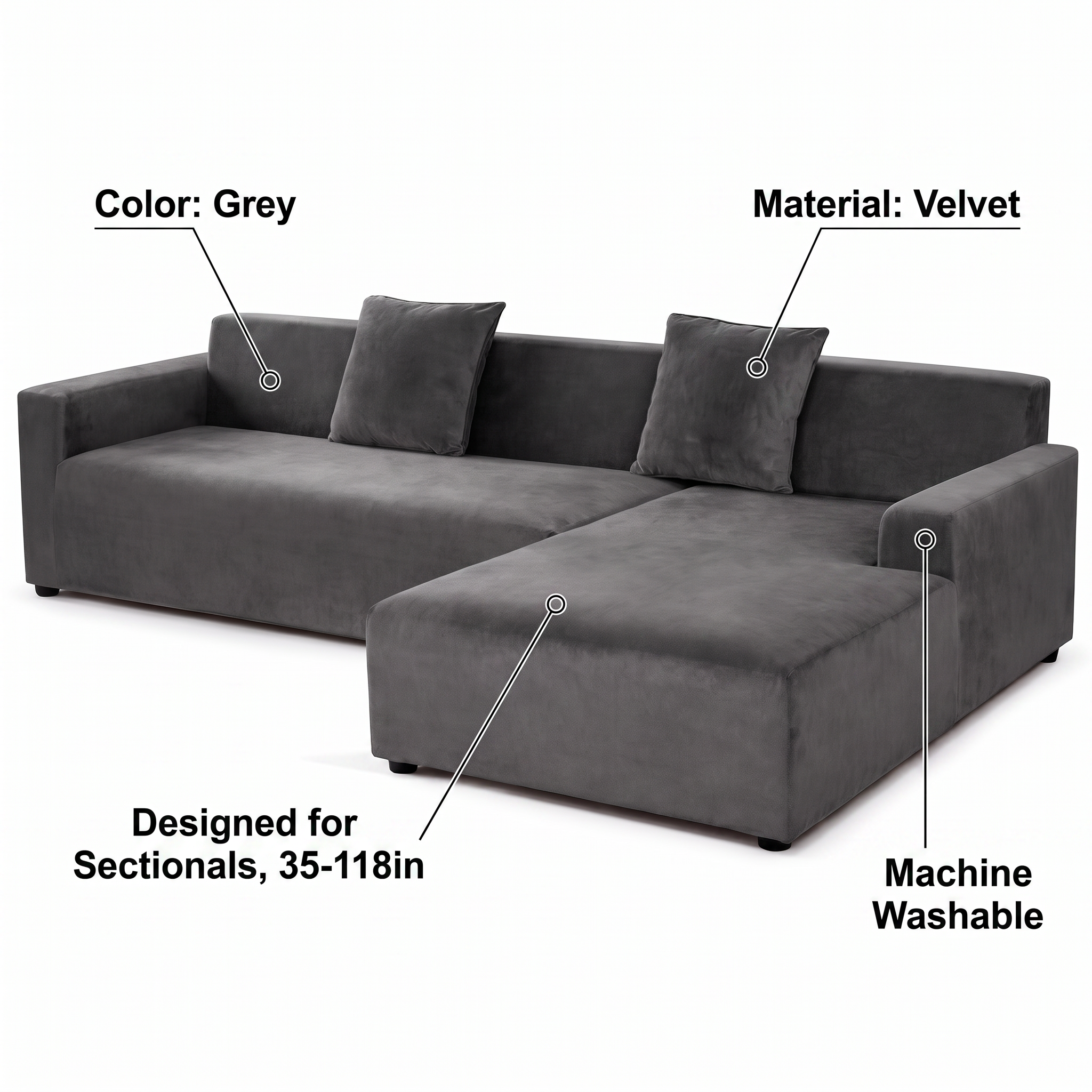 Stretch Sectional Couch Cover – Grey Velvet – features and specifications overview | Brivenzo